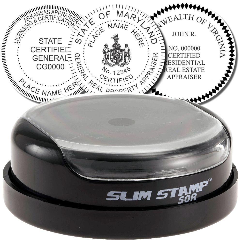 Slim Stamp self-inking custom real estate appraiser seal with state certification stamp designs for Arkansas, Maryland, and Virginia.