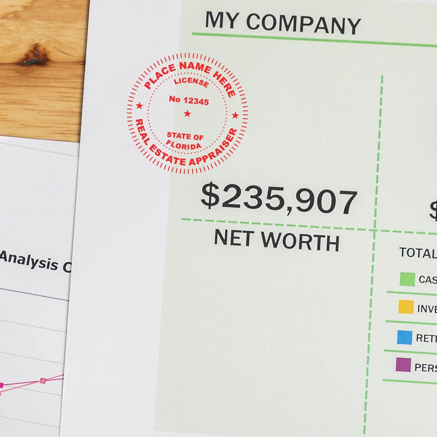 Close-up of a real estate appraisal report showing $235,907 net worth with a red Florida licensed real estate appraiser stamp.