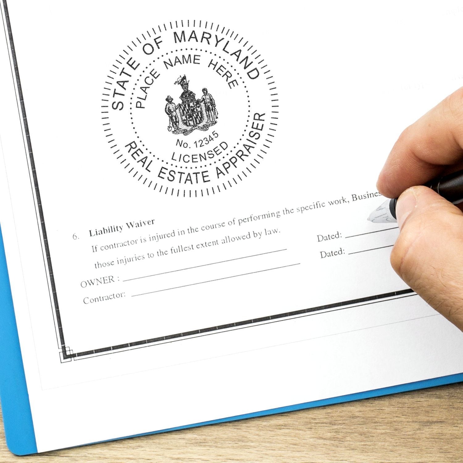 Hand stamping State of Maryland real estate appraiser license on official document form with signature lines.
