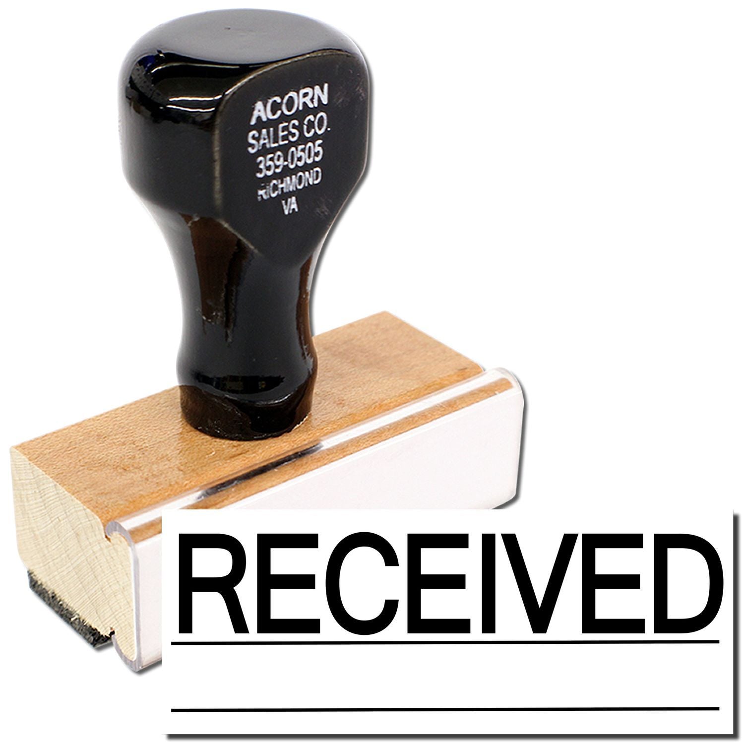Acorn Sales Co. rubber stamp on wood block labeled RECEIVED for shipping and mail delivery confirmation