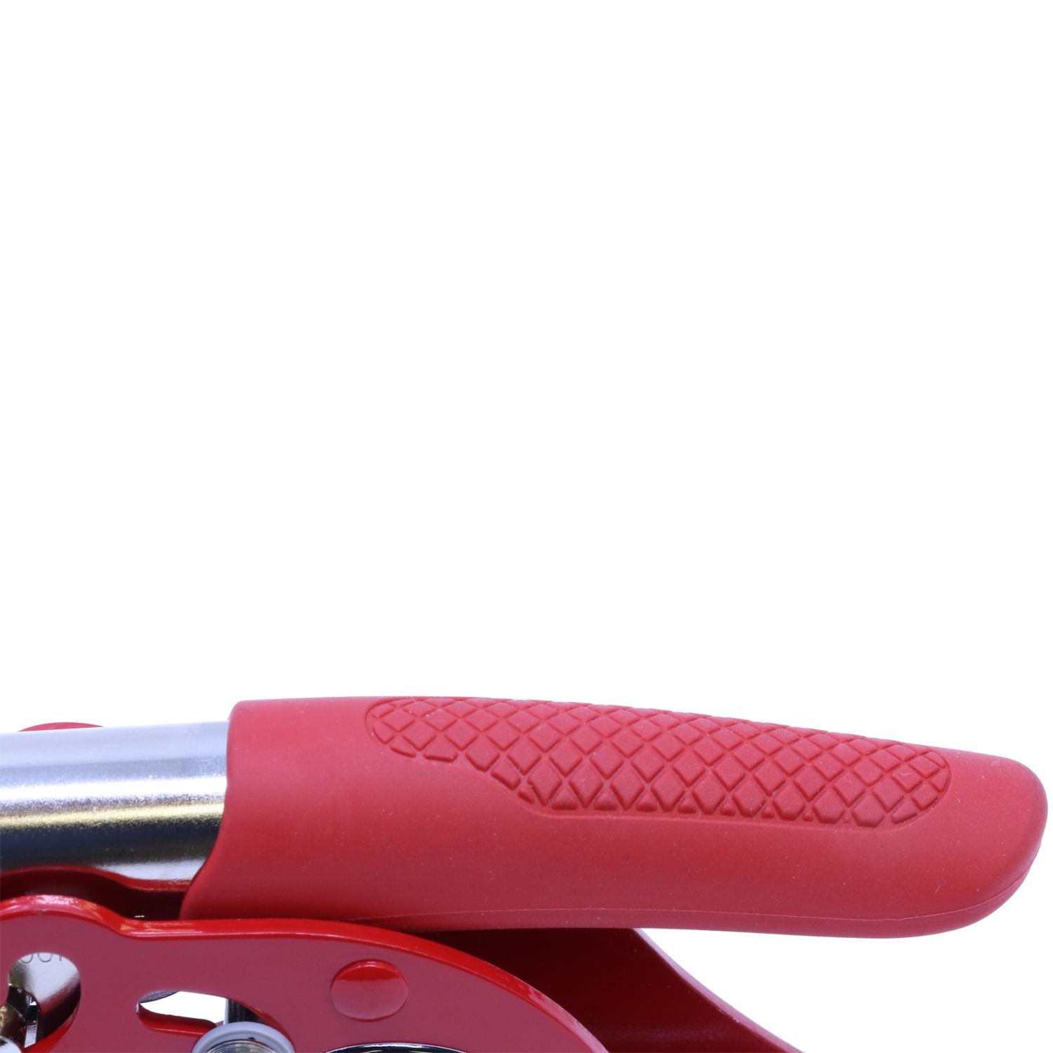 Close-up of a red ergonomic silicone handle on a metal kitchen tool against a white background.