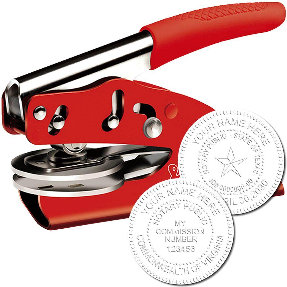 Red notary embosser with Texas and Virginia notary public seal impressions