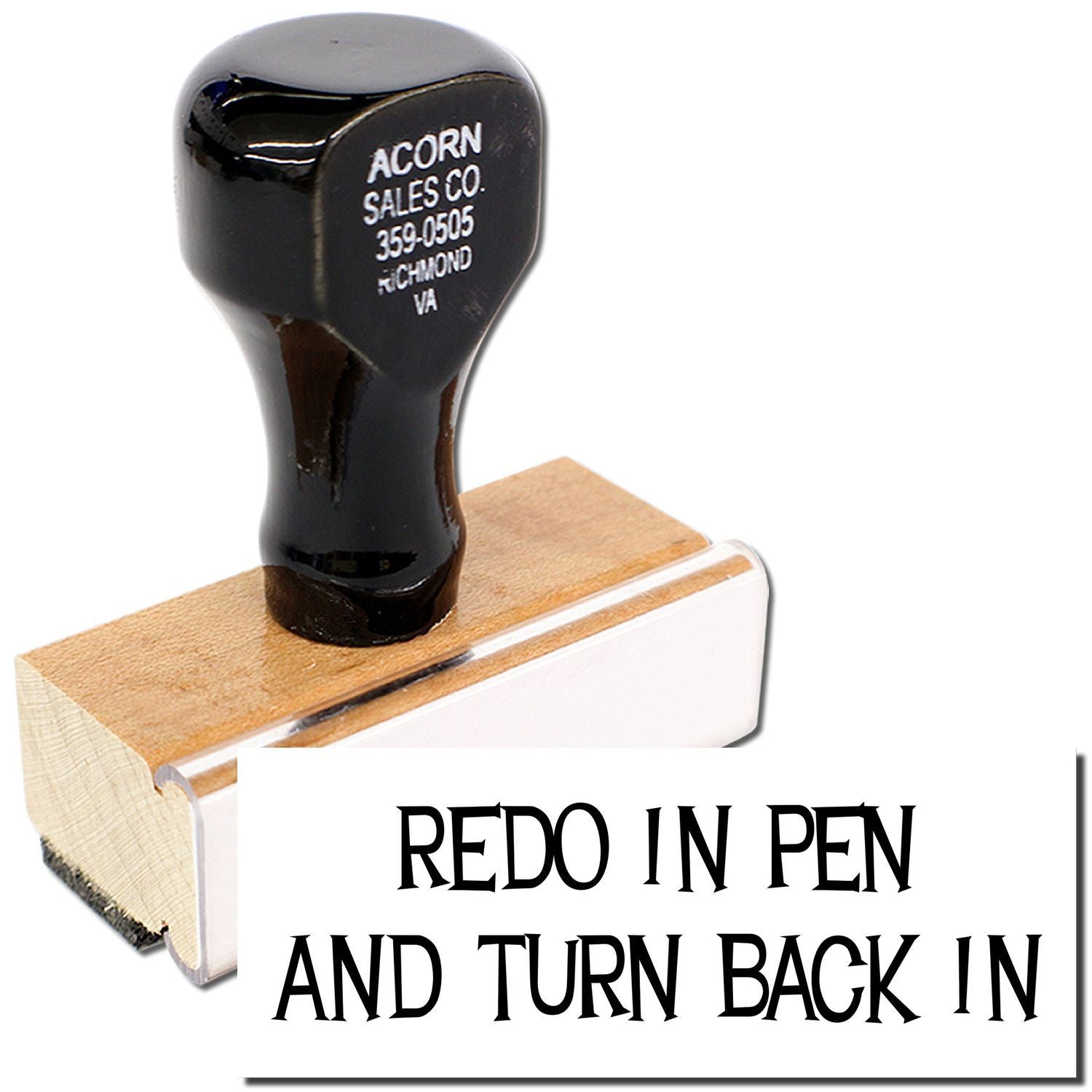 Black self-inking rubber office stamp with Redo in Pen and Turn Back In text on a wooden handle.