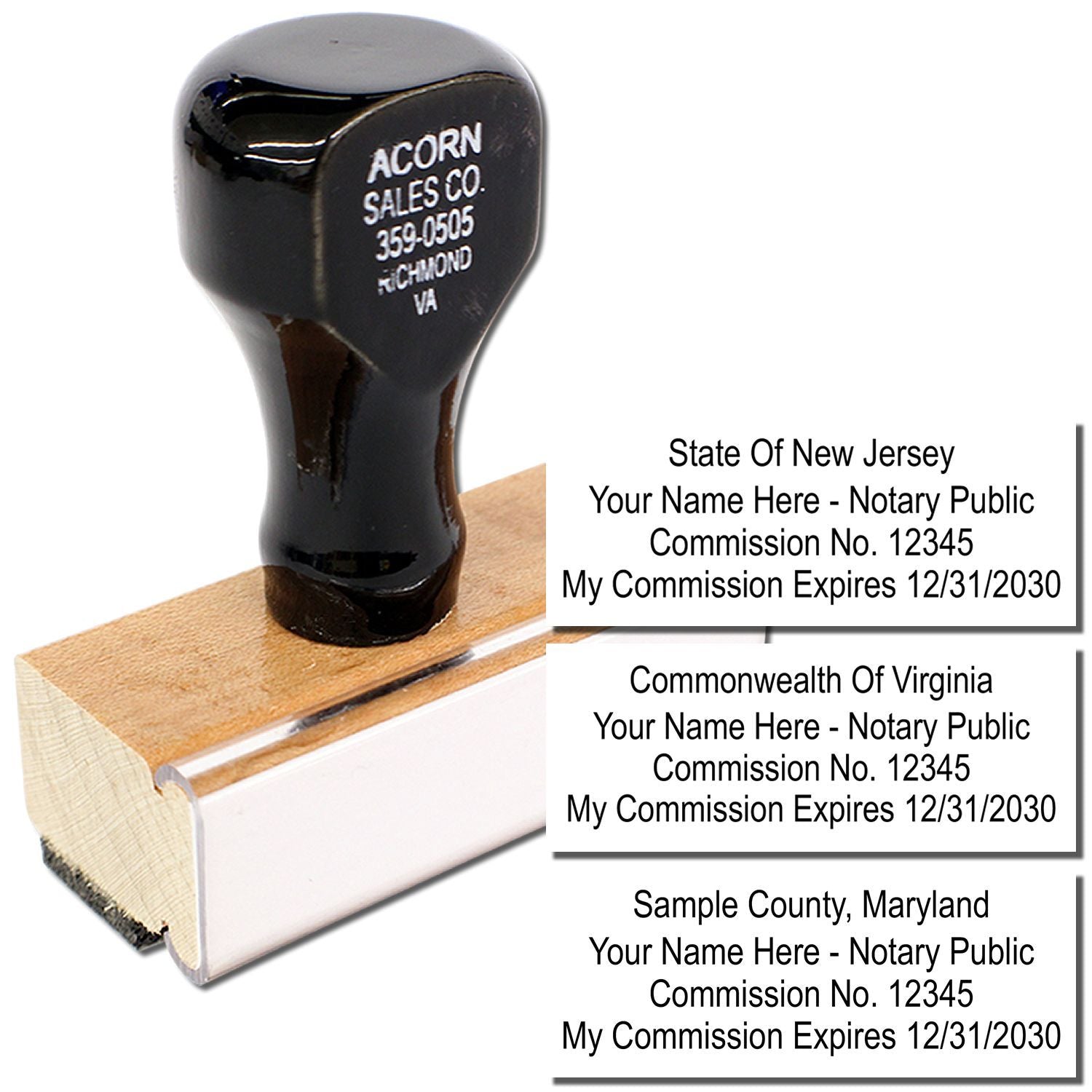 Custom notary public embosser stamp with state commission text examples for New Jersey, Virginia, and Maryland.