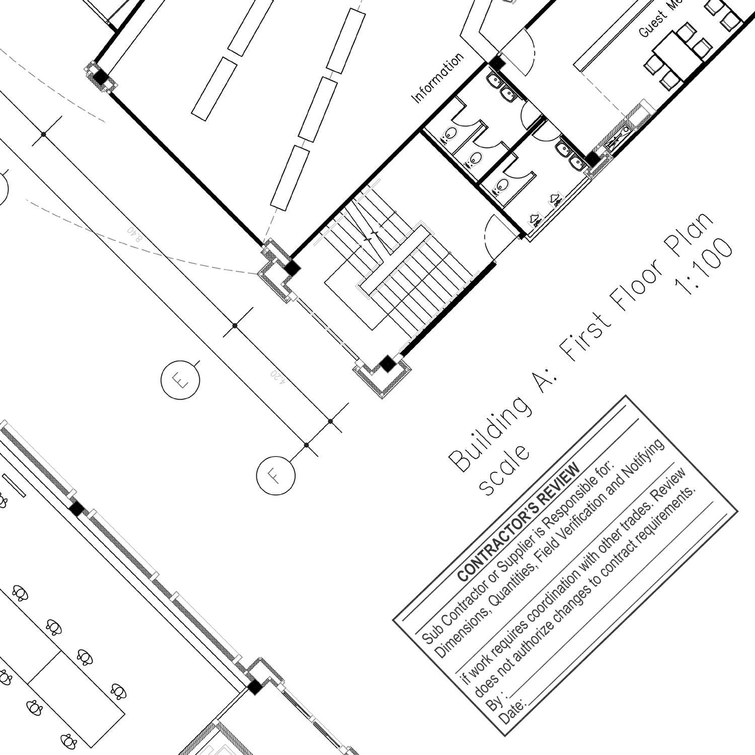 Architectural first-floor building plan blueprint with room layout, stairs, and contractor review notes.