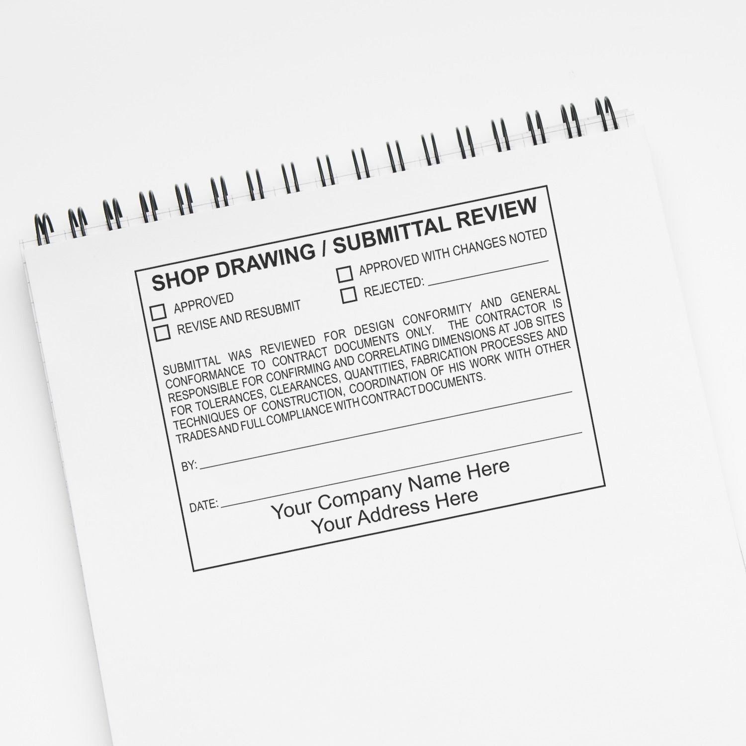 Spiral-bound construction shop drawing submittal review form with approval checkboxes on white background.
