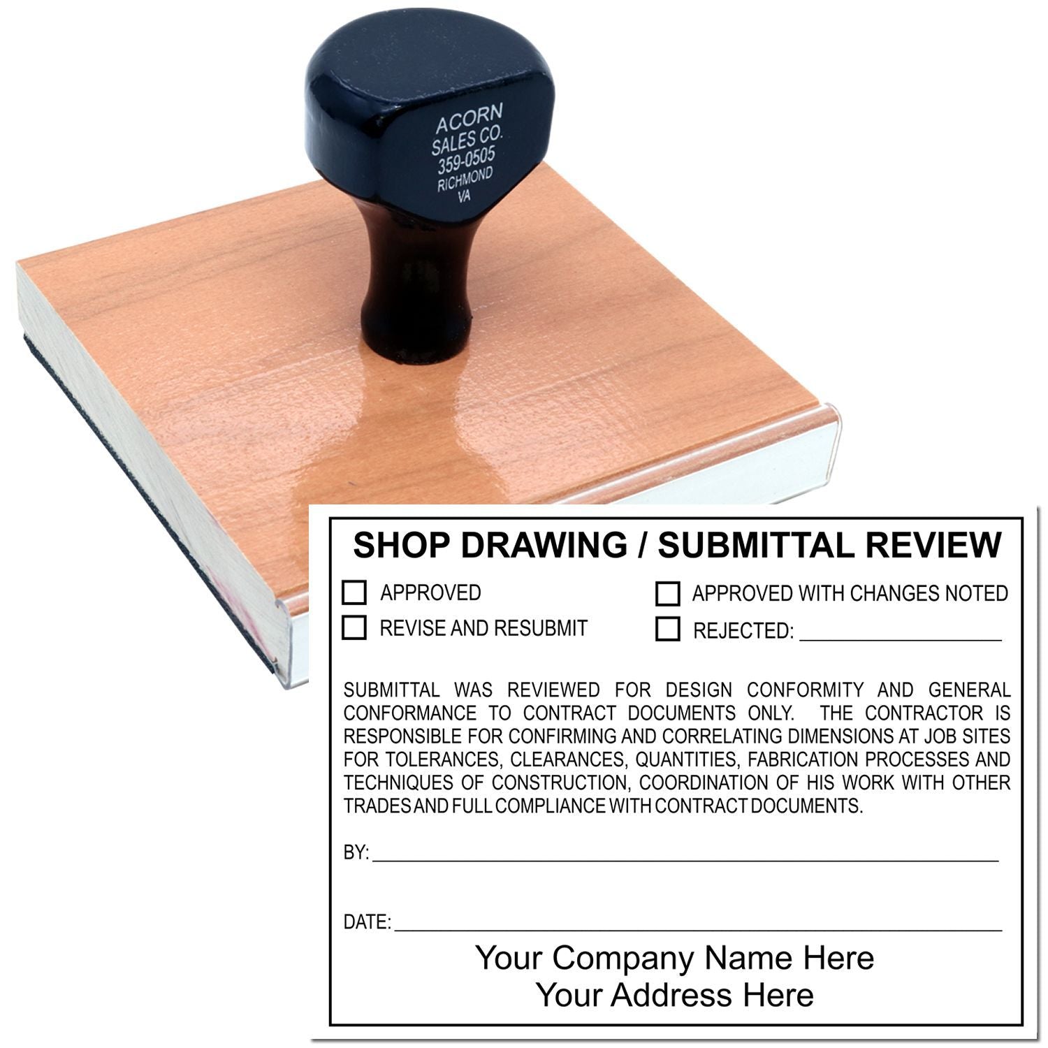 Shop drawing submittal review stamp on construction approval document, approved revised and resubmit form.