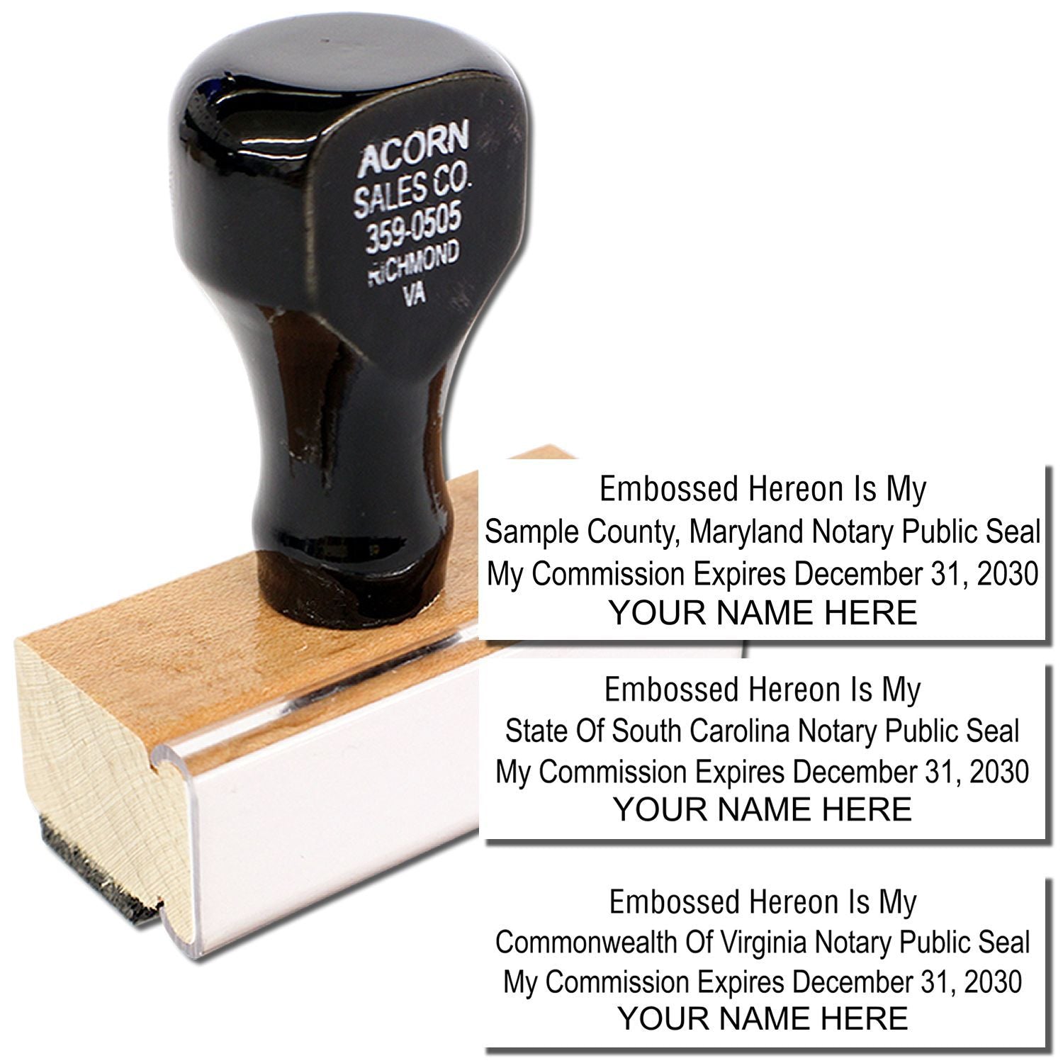 Custom notary embossing seal with sample Maryland, South Carolina, and Virginia public seal impressions on white background.