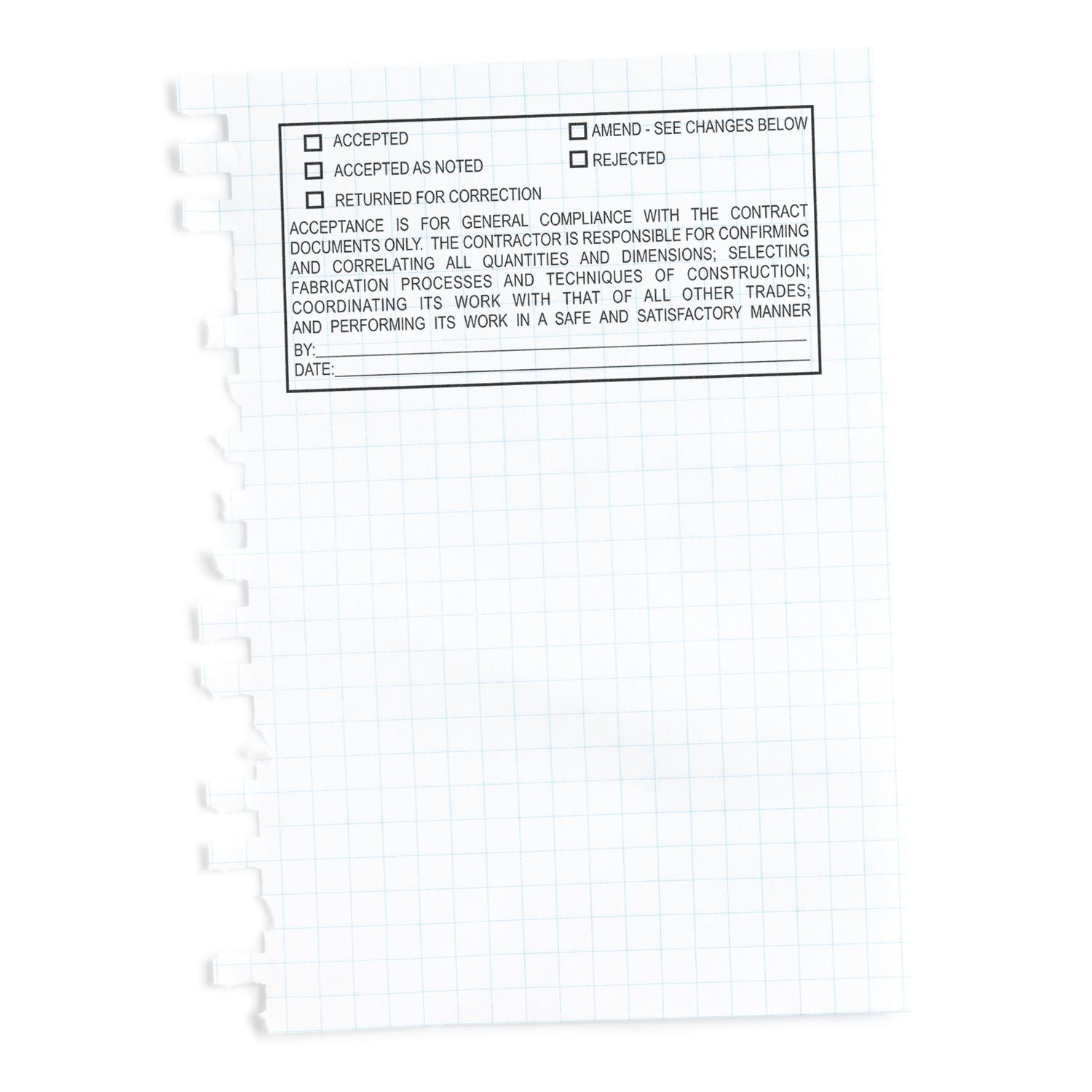 Graph paper sheet with construction approval stamp and checkboxes for accepted, rejected, and returned for correction.