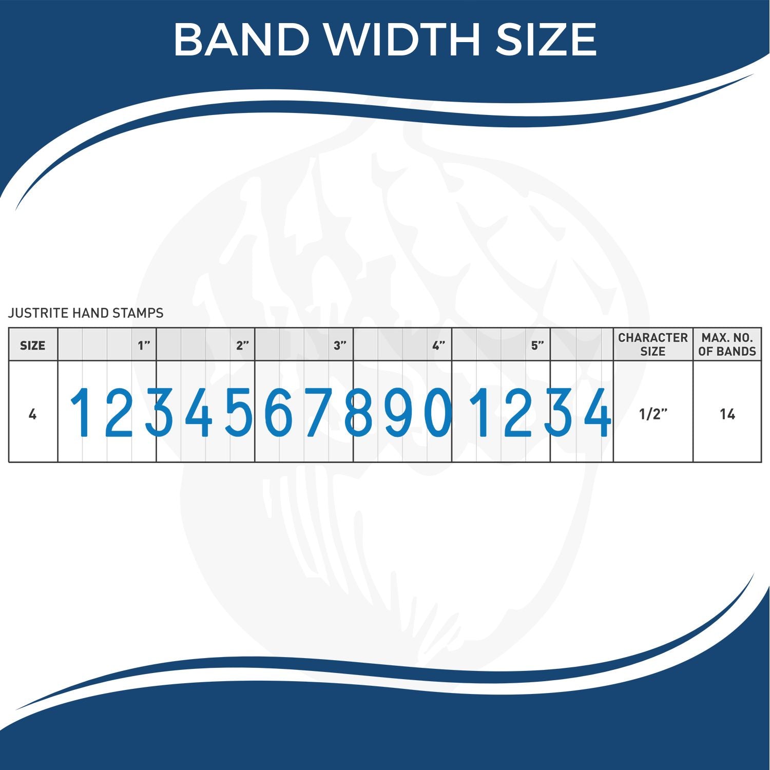 Band width size chart for Justrite hand stamps, showing size 4 layout with 1/2-inch characters and a maximum of 14 bands.