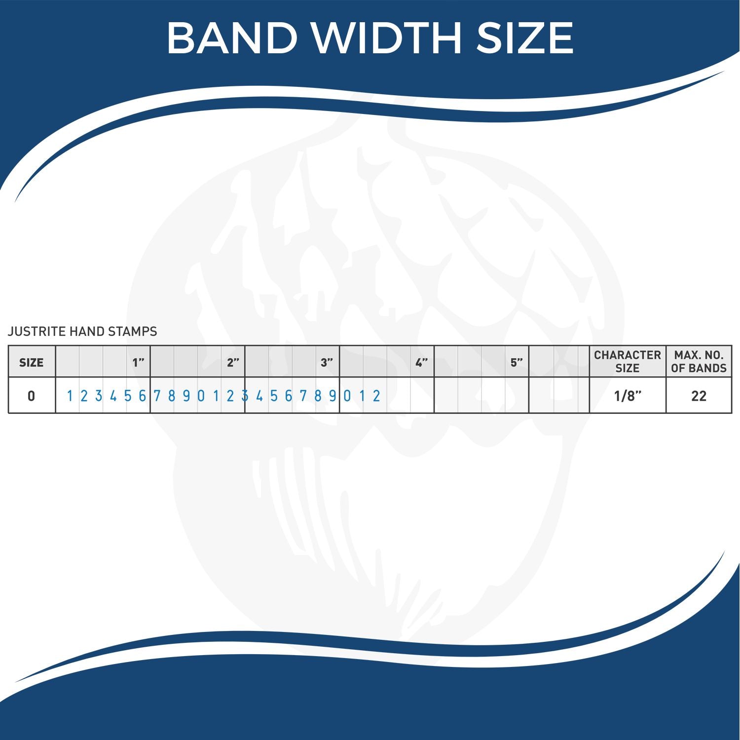 Band width size chart for Justrite hand stamps showing size 0, 1/8-inch character size, and maximum 22 bands.