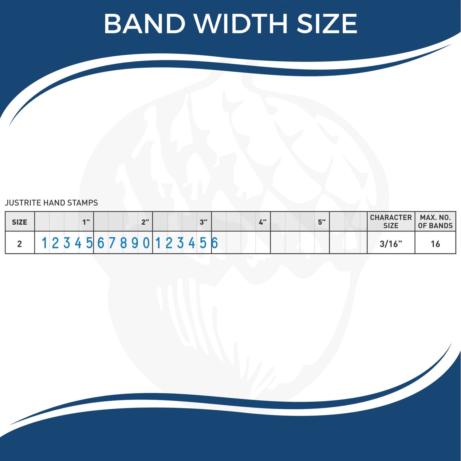 Band width size chart for Justrite hand stamps showing size 2 layout, 3/16-inch character size, and maximum 16 bands.