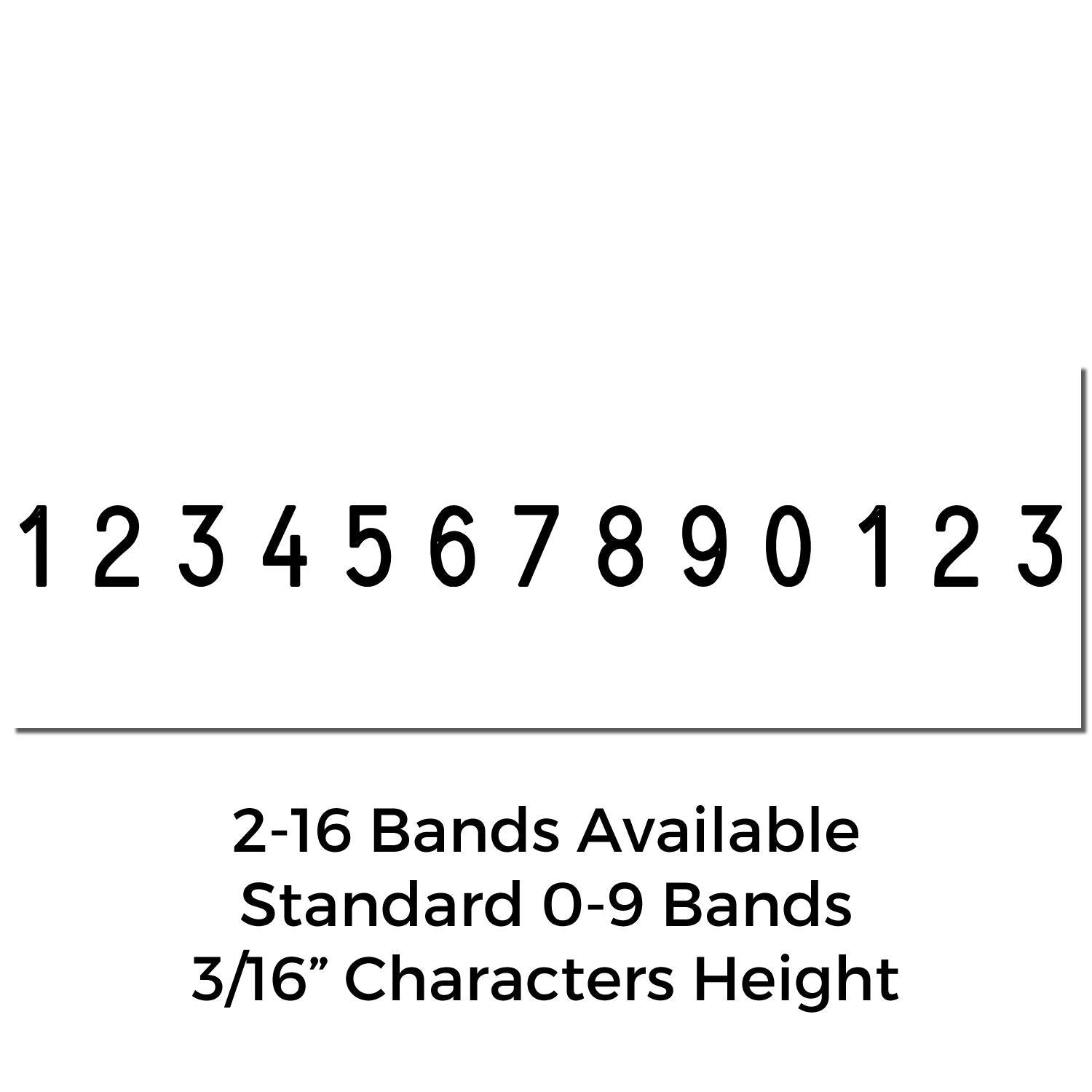 Product diagram showing standard 0-9 number bands with 3/16-inch character height, available in 2-16 bands.