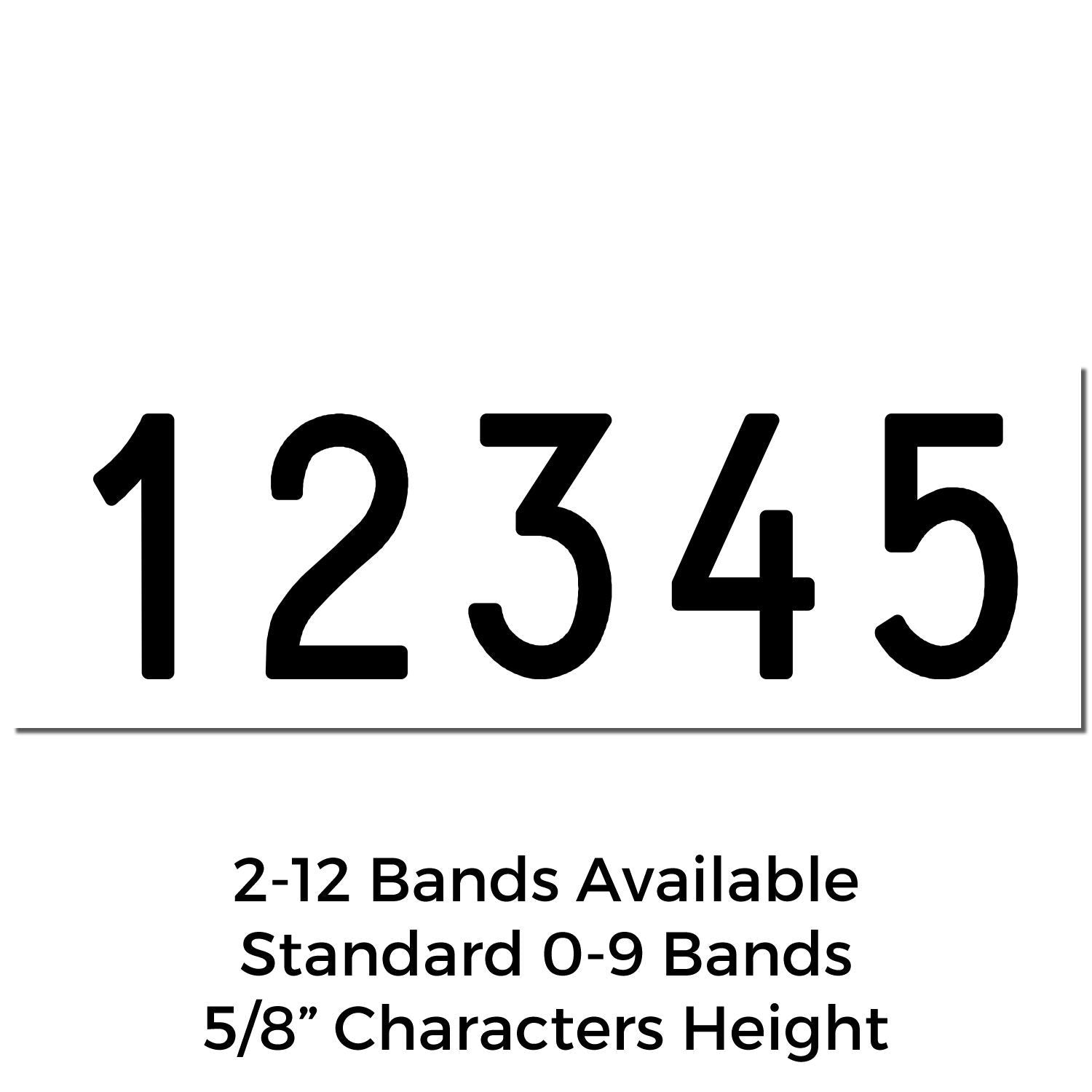 Black number set 12345 with 2-12 bands available, standard 0-9 bands, 5/8-inch character height