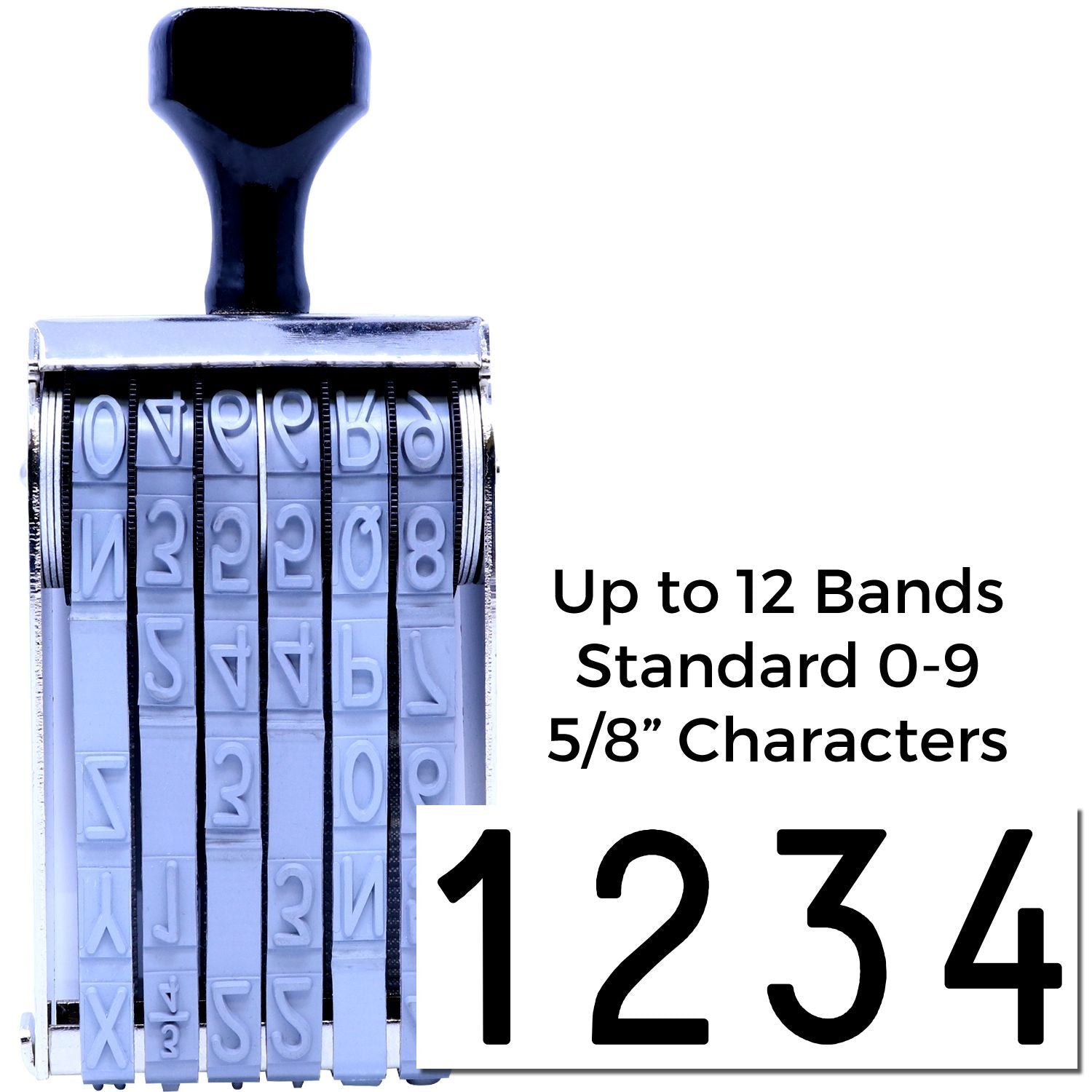 Automatic numbering stamp with 12 bands and 5/8-inch standard 0-9 characters, showing large 1234 imprint on a white background.