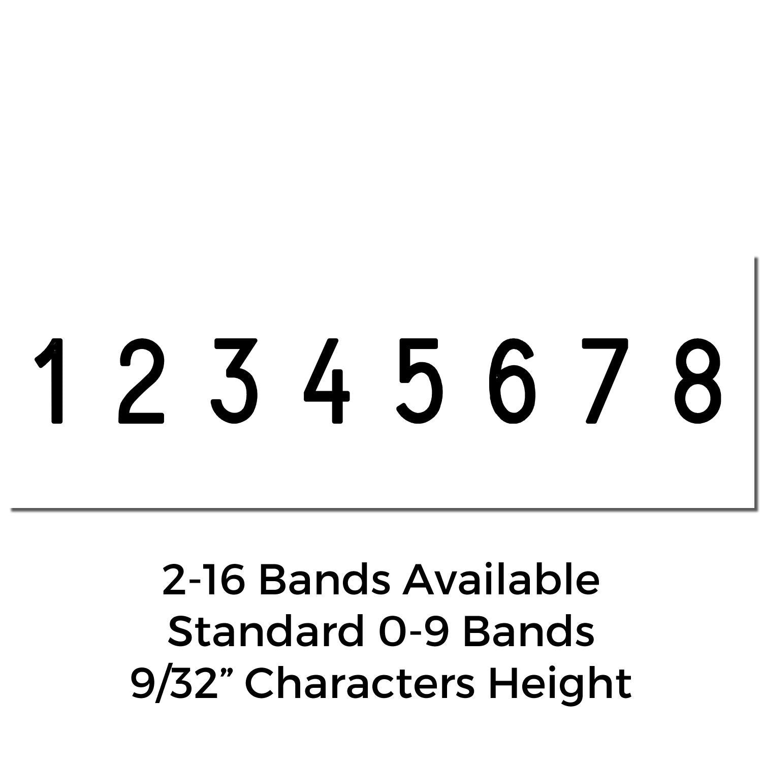 Black 0-9 number bands display with 1 through 8 and text 2-16 Bands Available, Standard 0-9 Bands, 9/32 Characters Height on a white background.