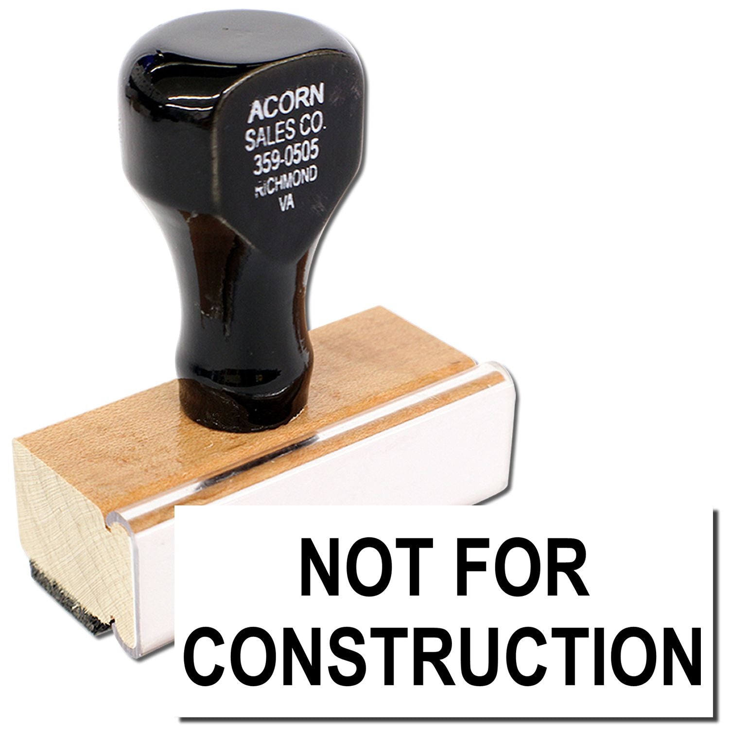 Not for Construction rubber stamp with Acorn Sales Co. handle on a white background