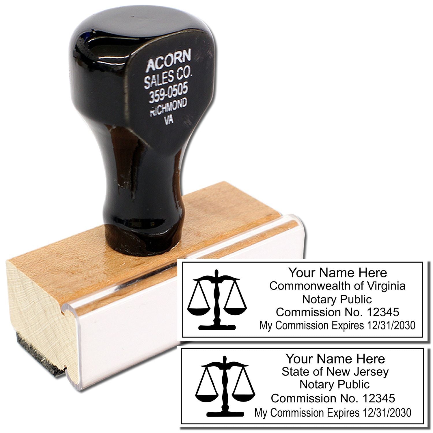 Custom notary public self-inking stamp with personalized Virginia and New Jersey commission nameplate design.