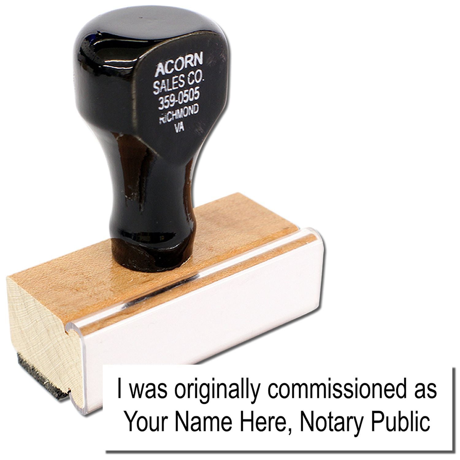 Custom notary public stamp with black self-inking handle and personalized text block.