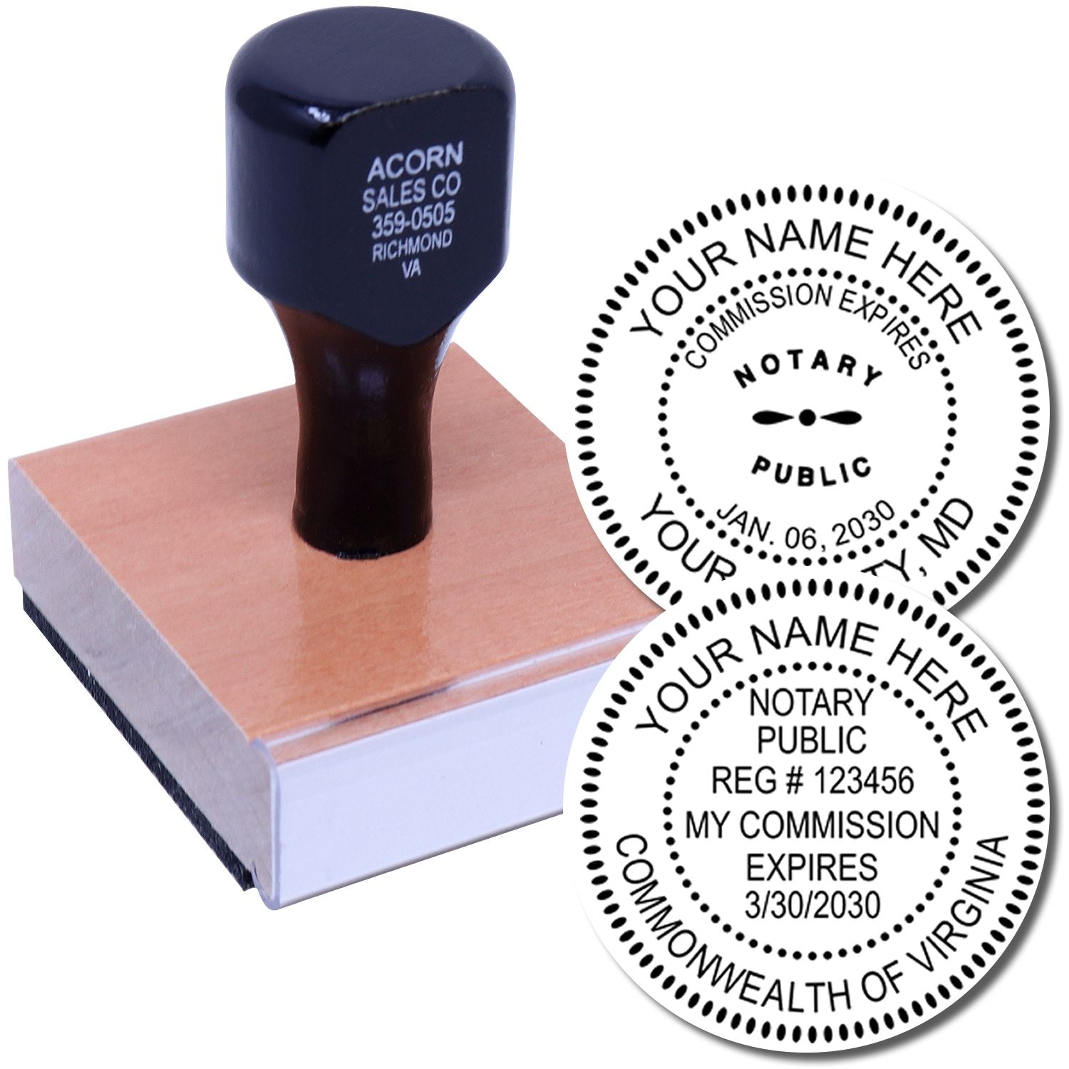Custom notary public stamp and seal examples with personalized commission information on a white background.