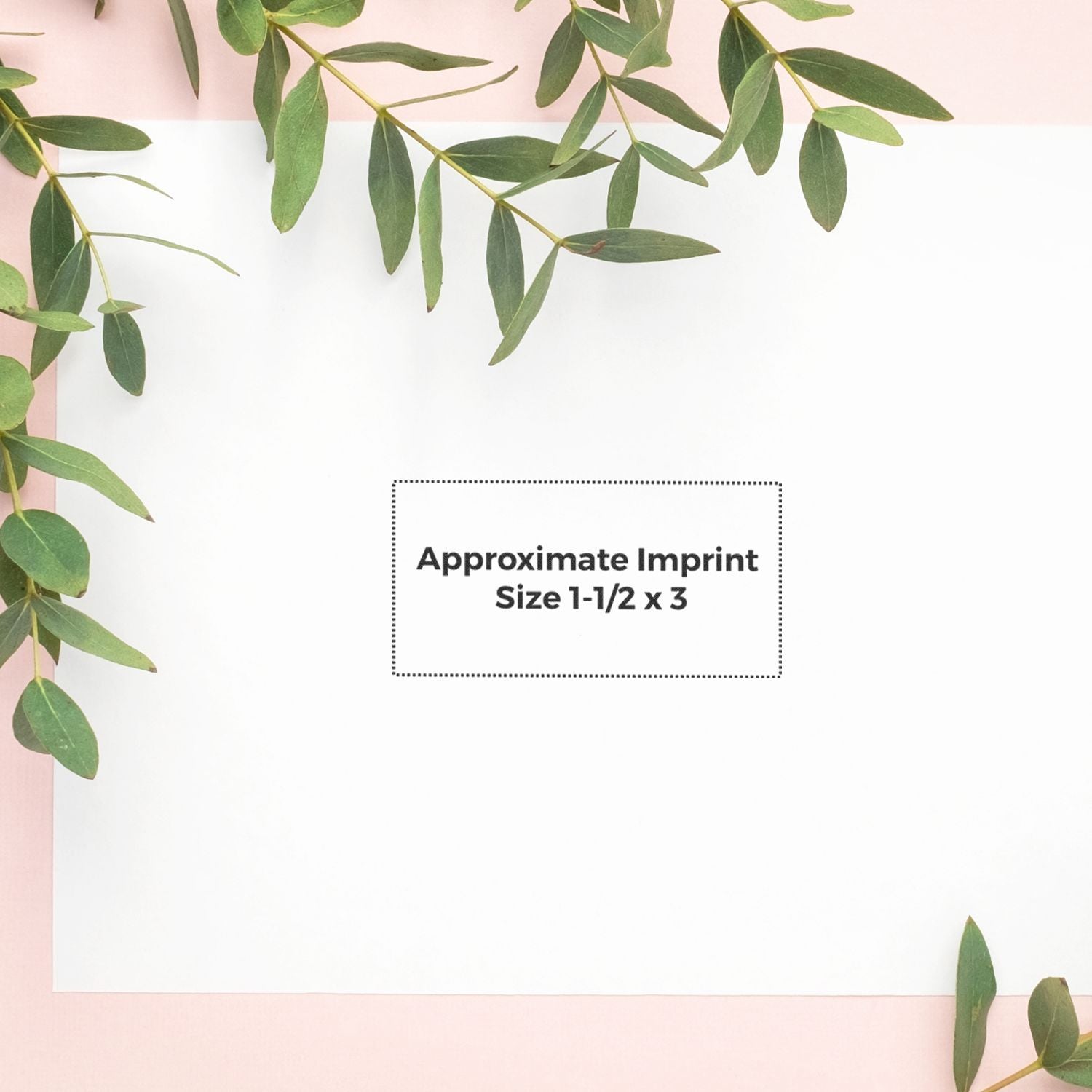 Minimal botanical card mockup with green eucalyptus leaves and approximate imprint size 1-1/2 x 3 inches on white background