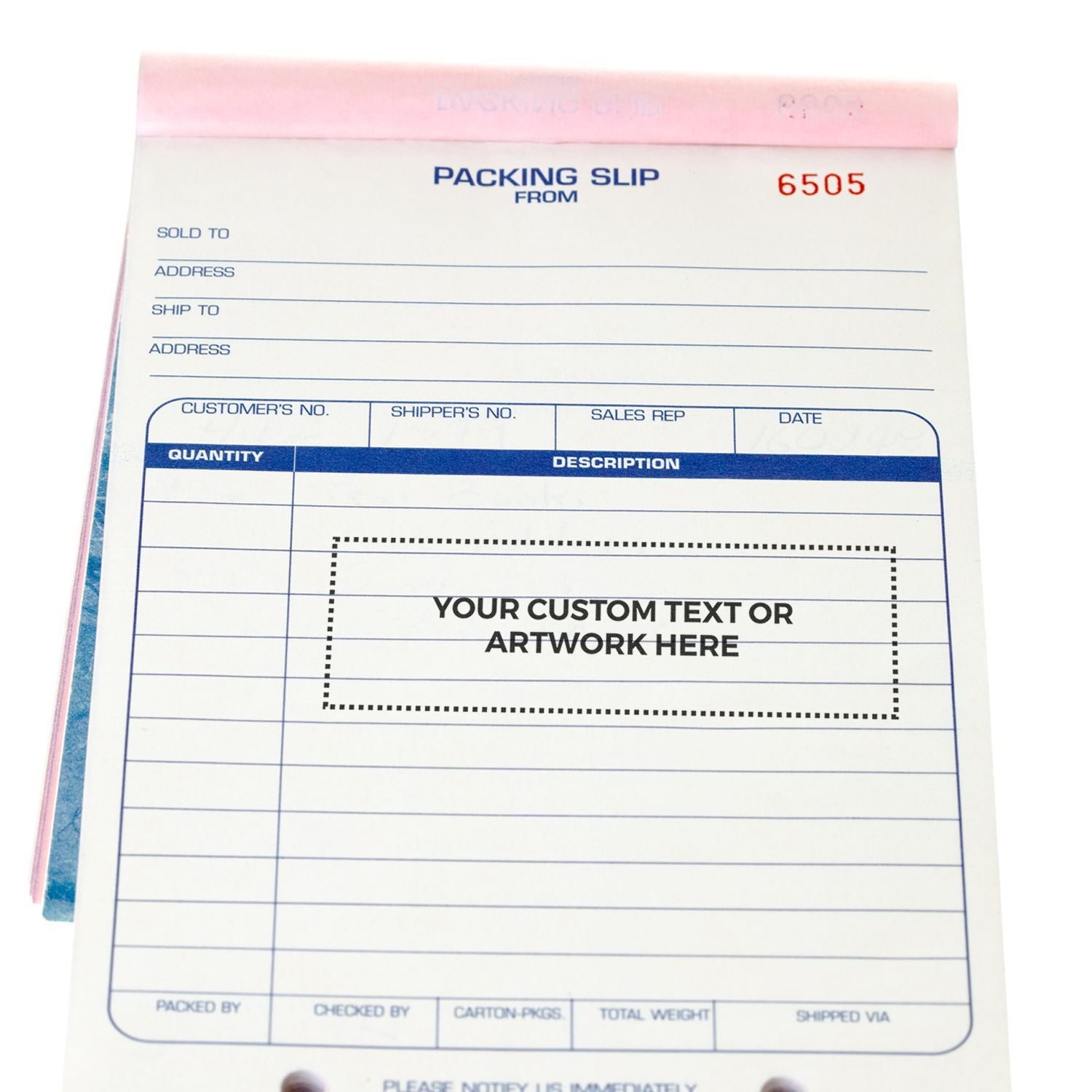 Blank packing slip form showing sold-to, ship-to, item description, quantity, and shipped details for order 6505.