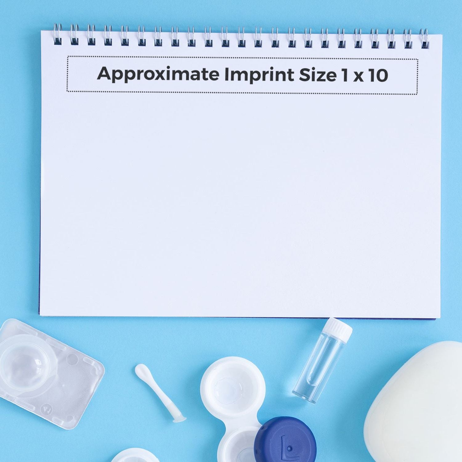 Notebook sample showing Approximate Imprint Size 1 x 10 for branding placement on marketing print materials.