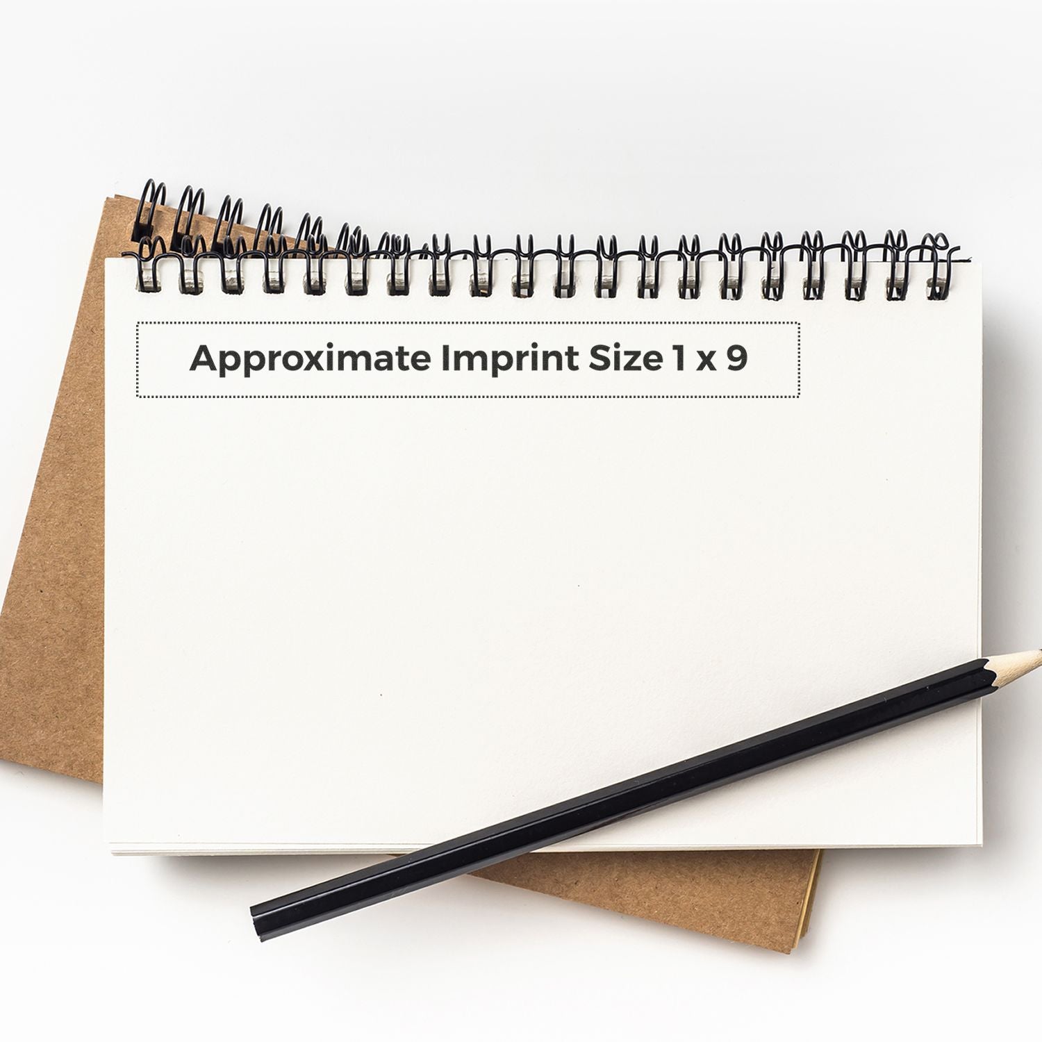 Spiral notebook product mockup showing approximate imprint size 1 x 9 for custom printing and branding.