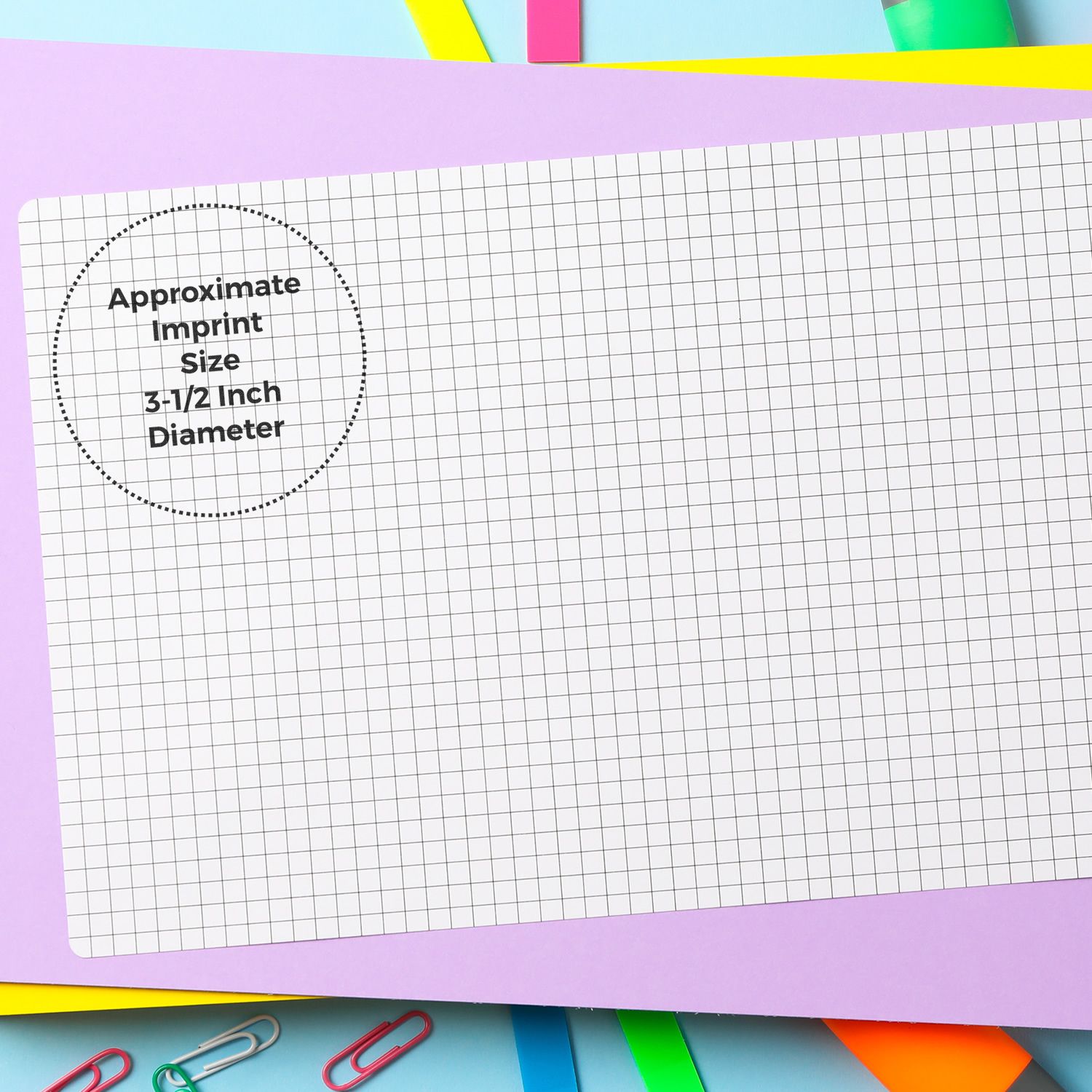 Graph paper template with stamped imprint size guideline: approximate 3½-inch diameter for printing, stamping, or custom logo placement.