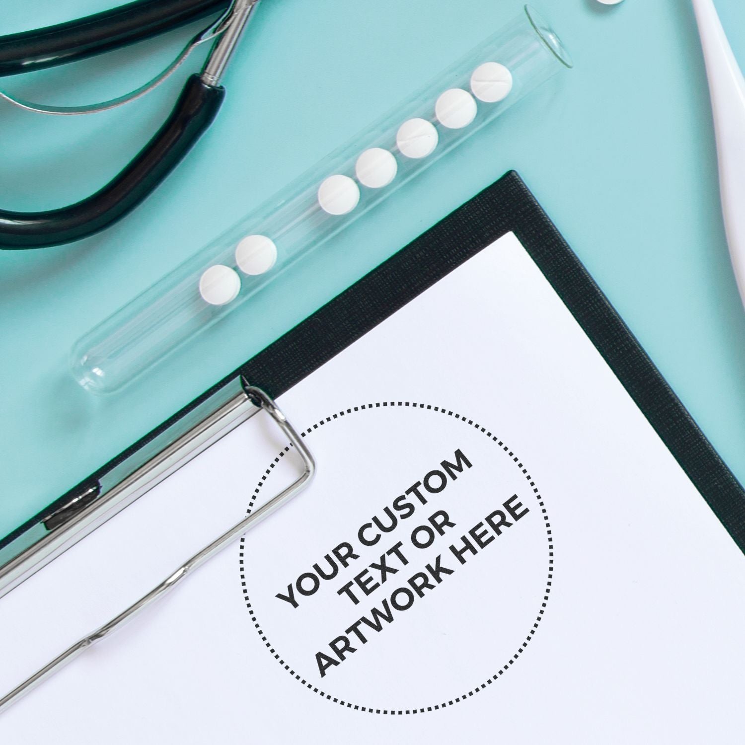 Close-up of teal binder planner showing customizable stamp label for print-ready branding: 'Your Custom Text or Artwork Here'.