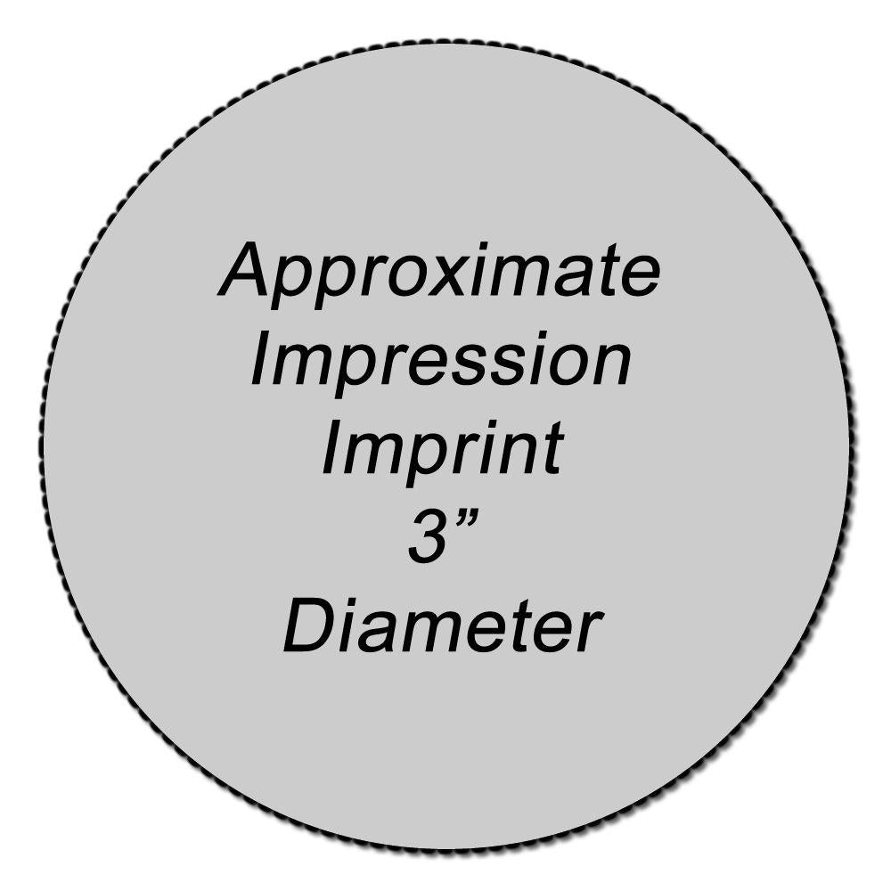Approximate imprint impression area shown as 3-inch diameter for product branding and custom logo placement.