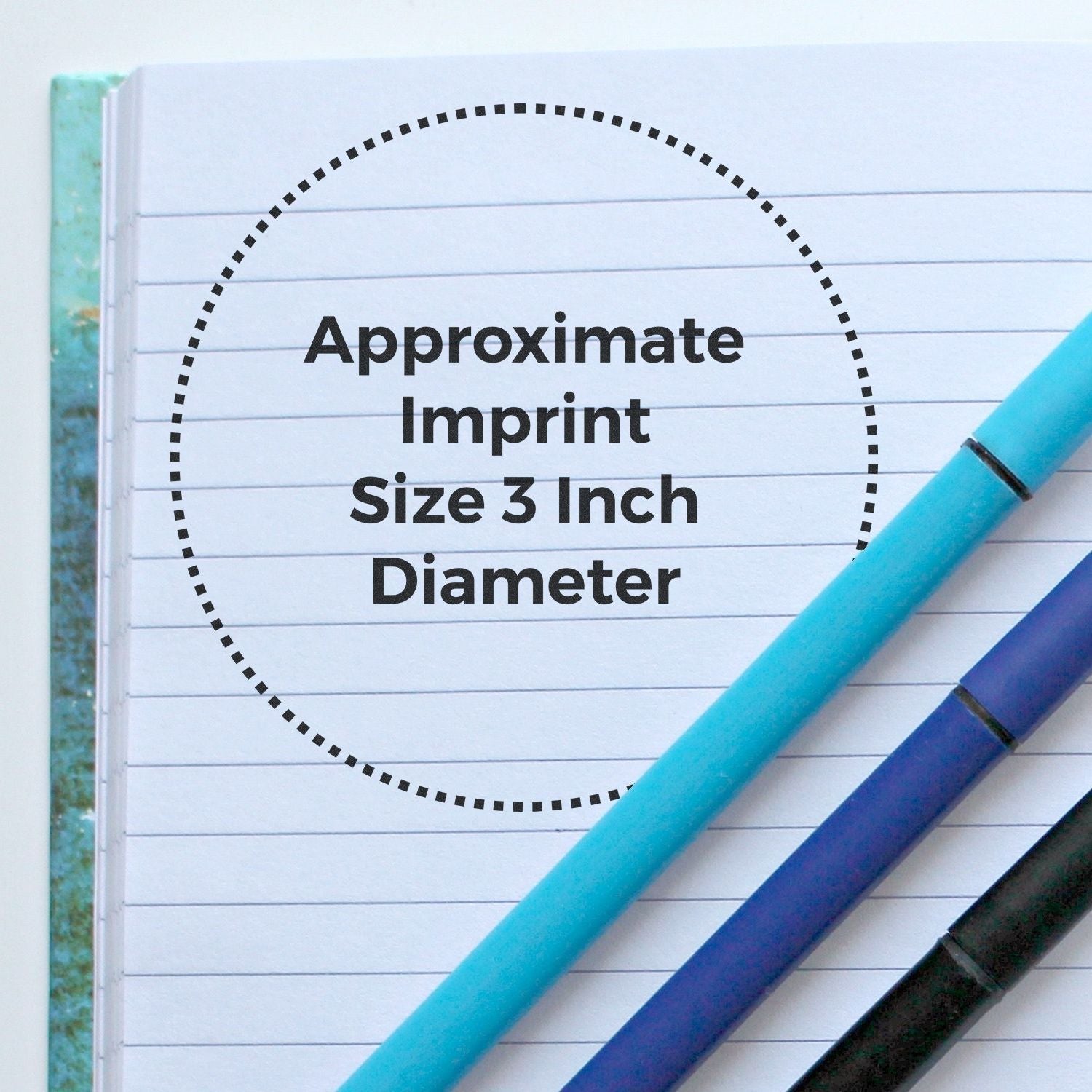 Approximate imprint size label showing 3-inch diameter on notebook with pens, for custom print placement measurement guidance.