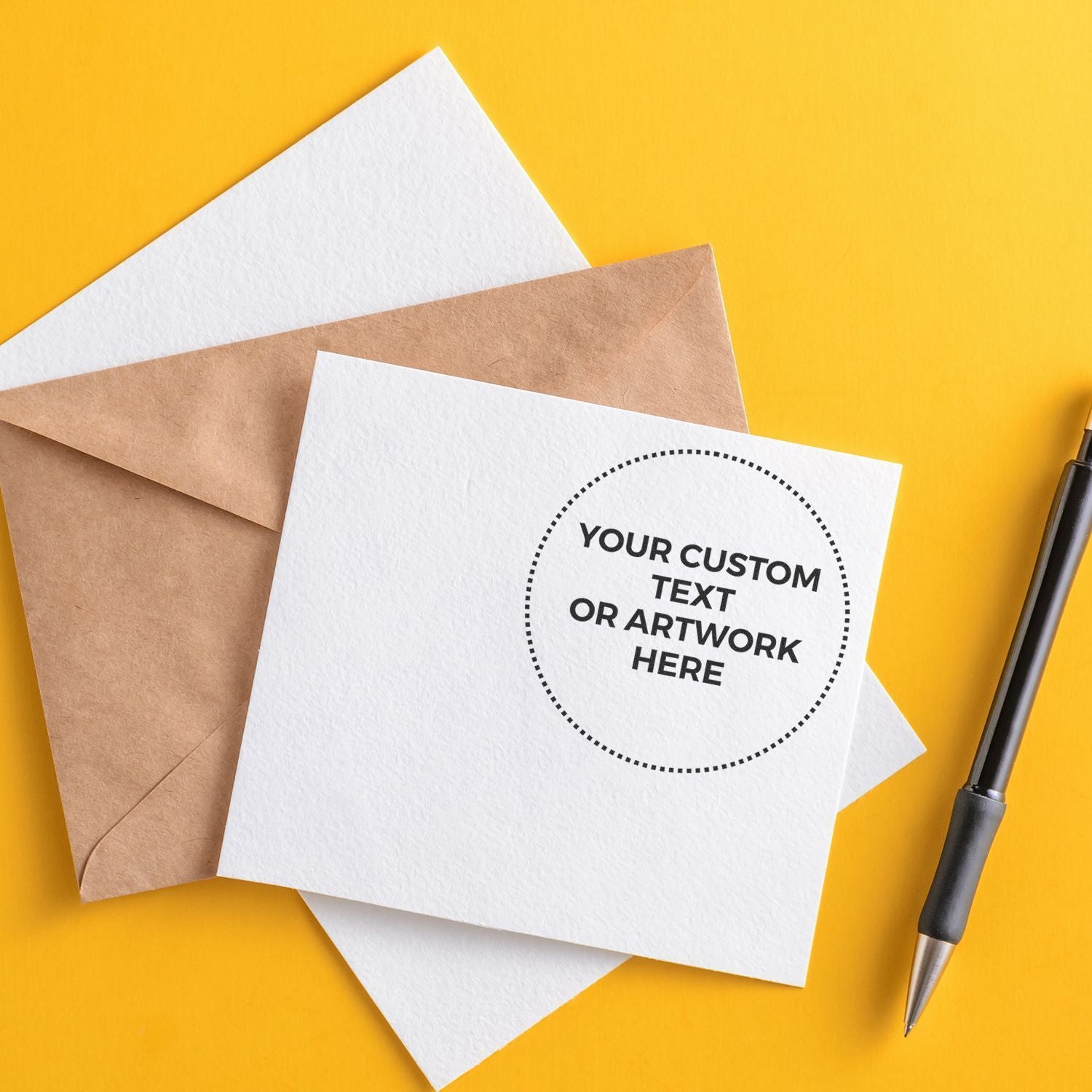 Custom greeting card mockup with envelope and pen on yellow background, featuring a printable your custom text area design template.