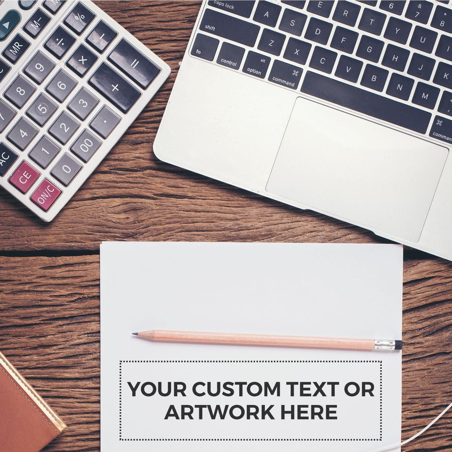 Laptop keyboard, pencil, and blank card for custom textoffice productivity and graphic design workspace template for branding and marketing.