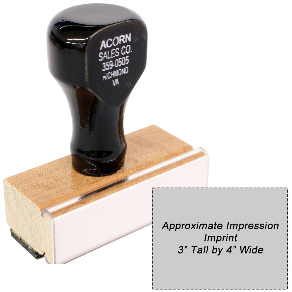 Acorn Sales Co rubber stamp on wood block showing approximate impression size 3-inch tall by 4-inch wide for printing