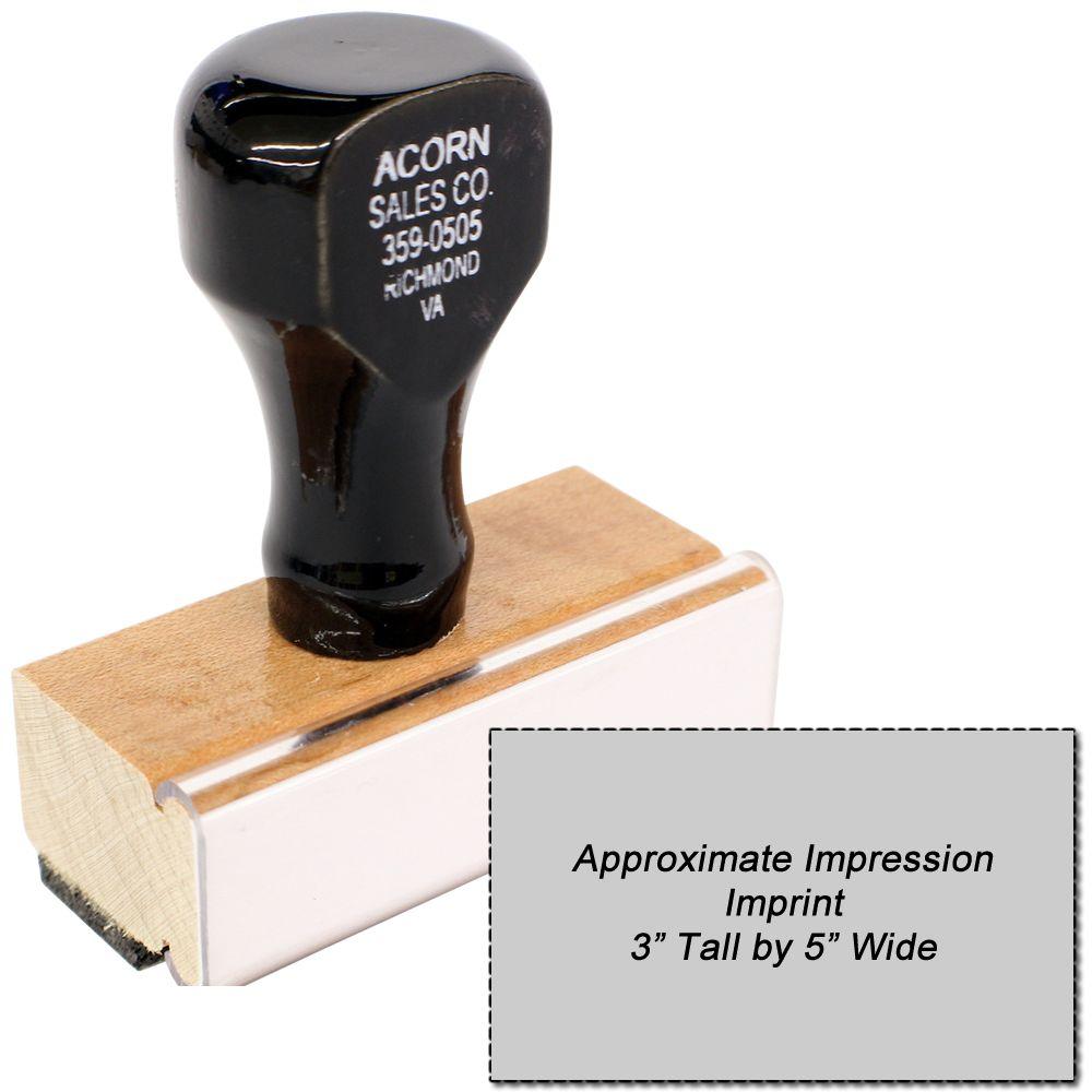 Acorn Sales Co rubber stamp on wooden base showing approximate impression area, 3-inch tall by 5-inch wide for labeling signage