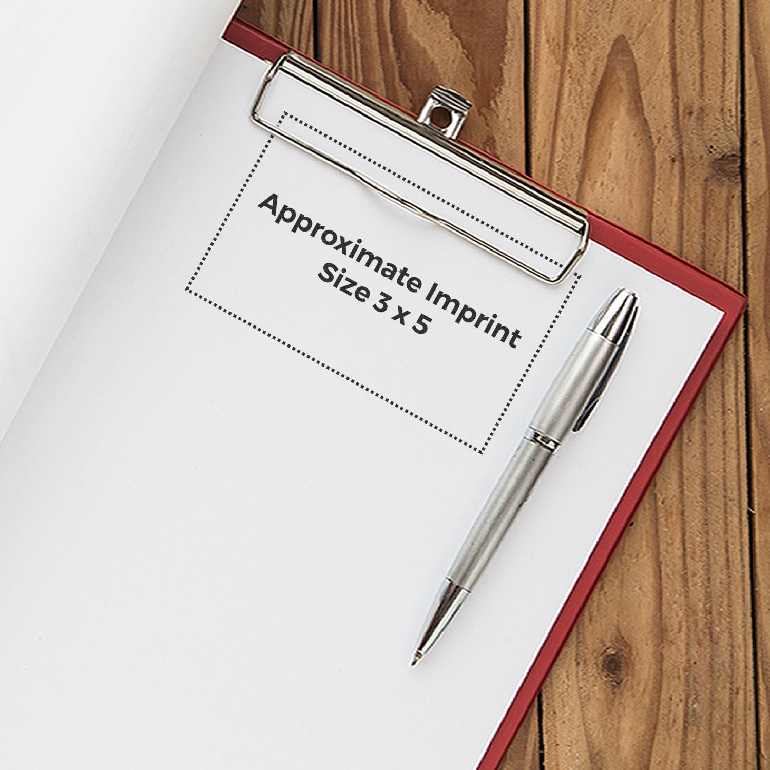 Approximate 3x5 print size template on a clipboard with metal clip and pen, illustrating custom note card sizing.