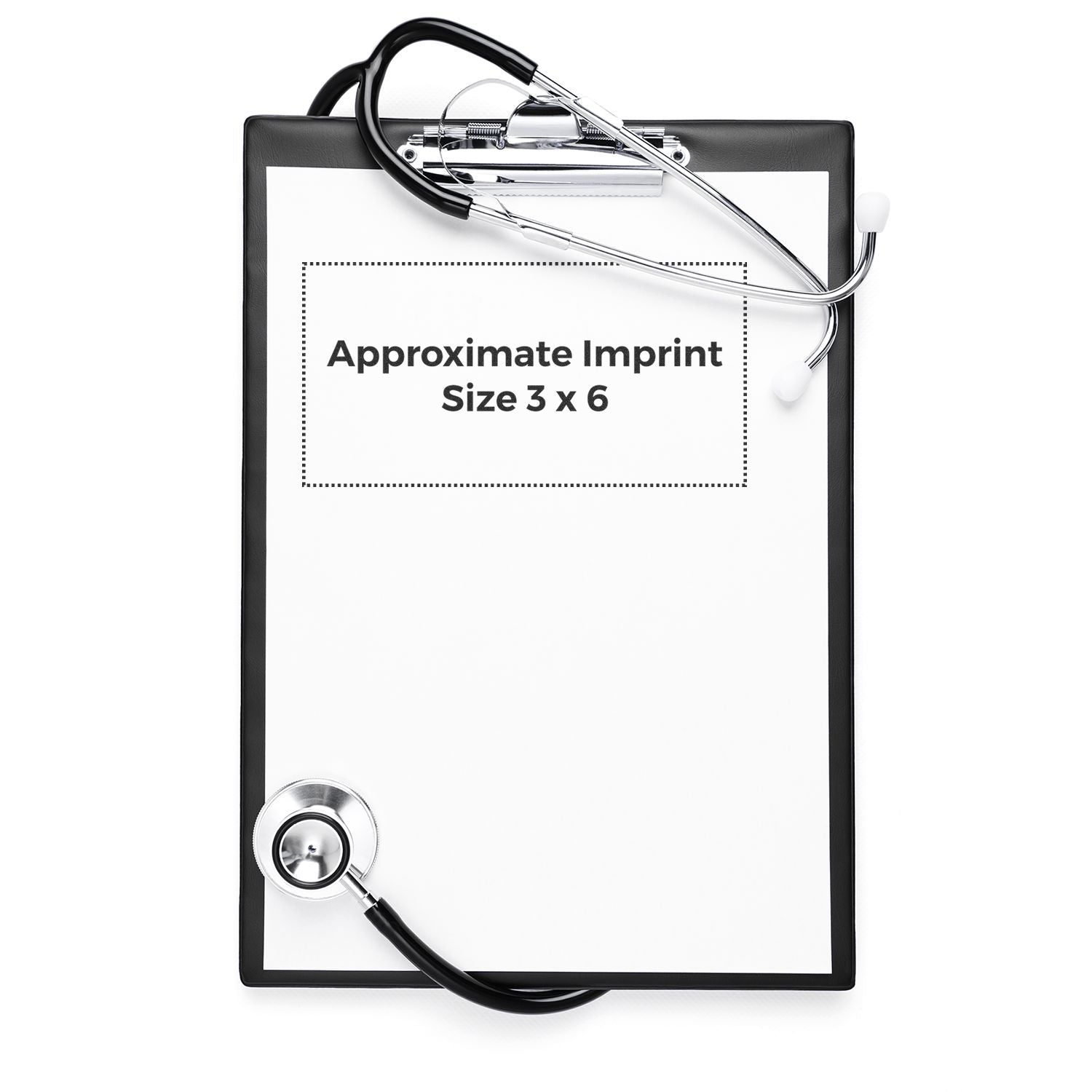 Medical clipboard with stethoscope and print area guide, approximate imprint size 3 x 6 for branding