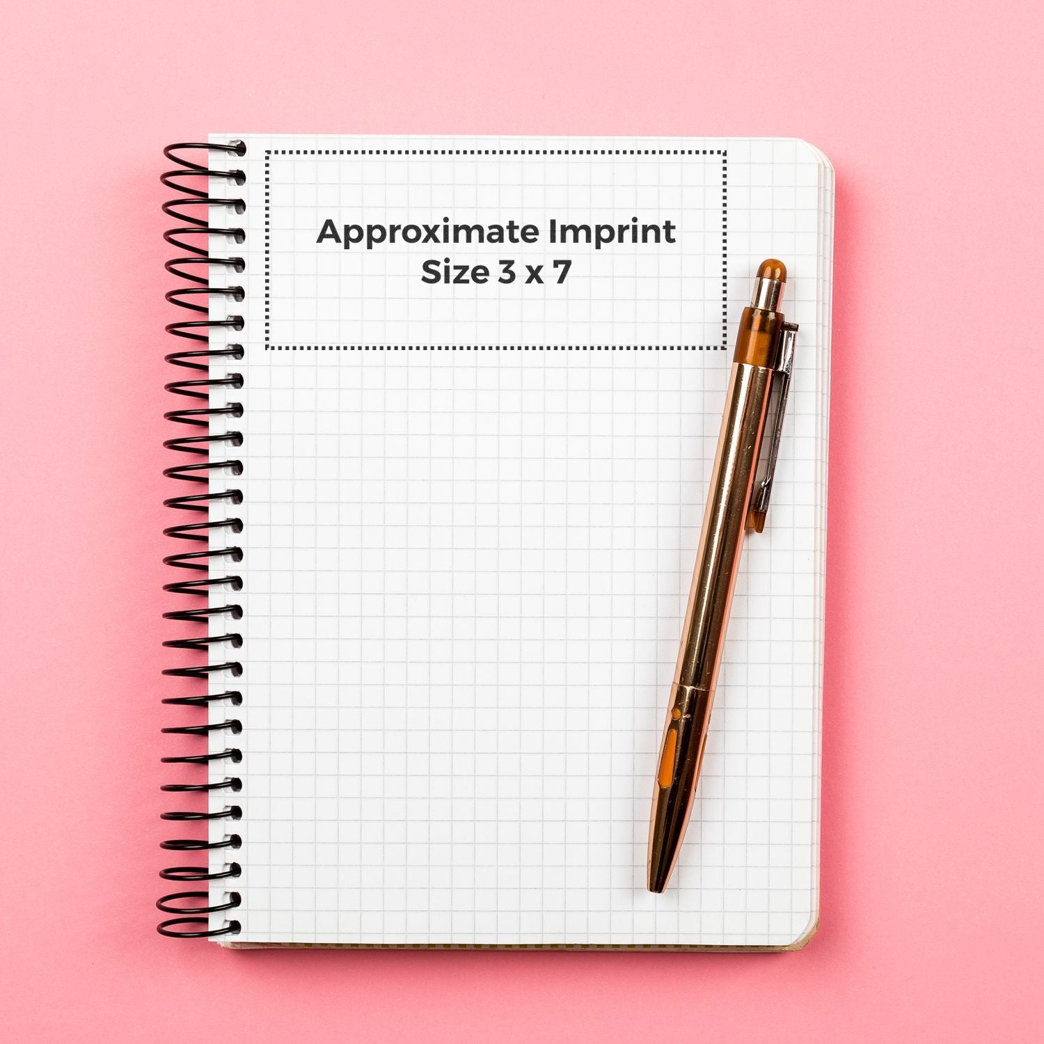 Open notebook showing Approximate Imprint Size 3 x 7 with pen, illustrating branding imprint area for product customization.