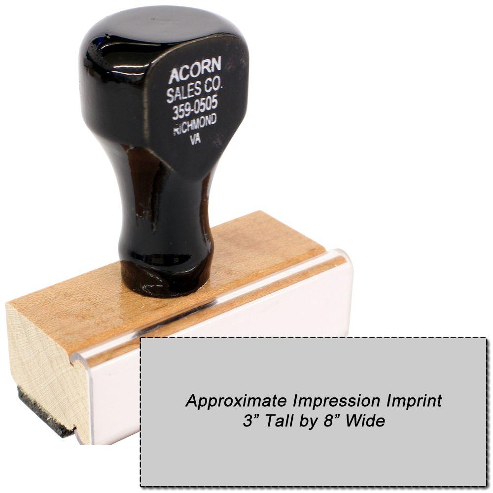 Acorn Sales Co custom rubber stamp on wood block, showing approximate impression size 3-inch tall by 8-inch wide.
