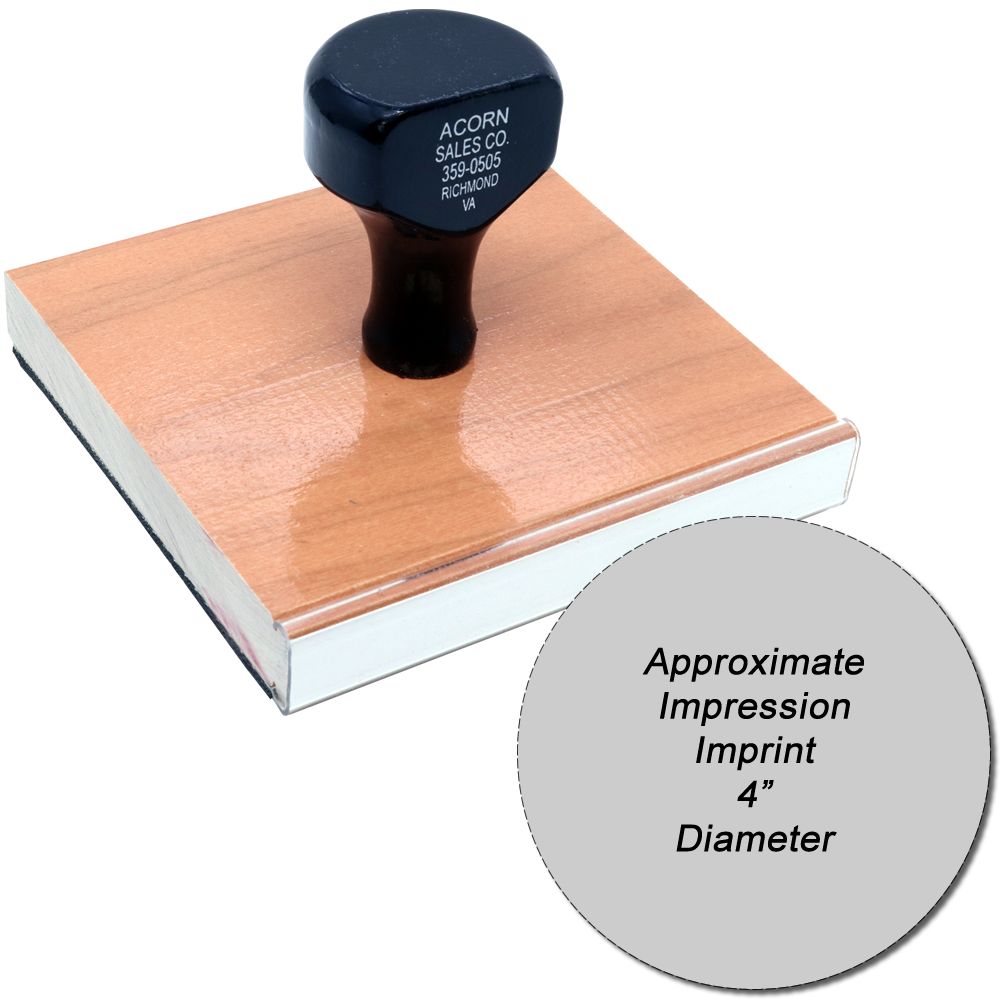 Wood-handled Acorn rubber stamp showing approximate 4-inch impression imprint diameter for custom marking and branding.