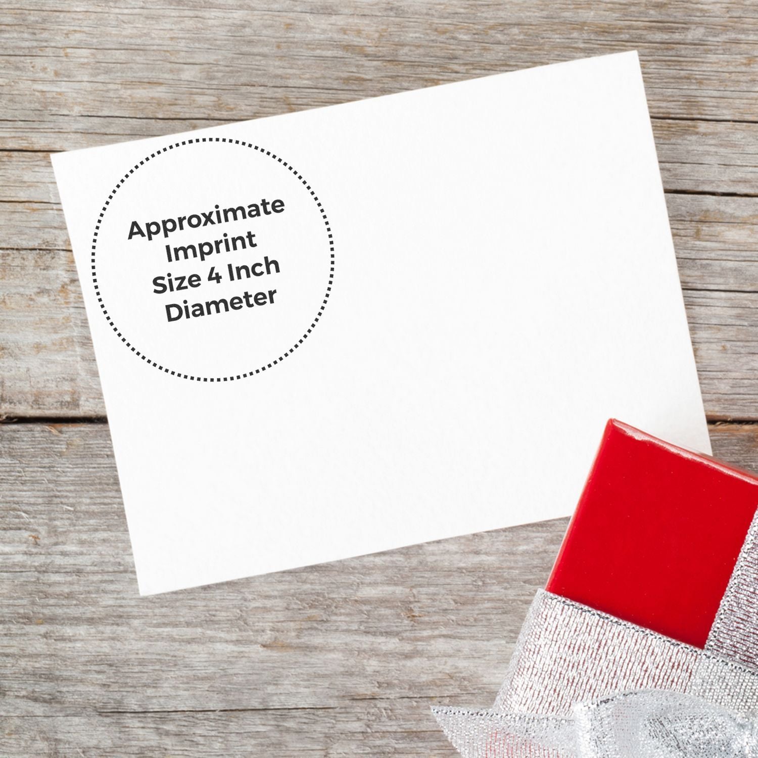 Approximate imprint size 4-inch diameter label on white card with stamp, showing recommended print dimensions for branding stamps.
