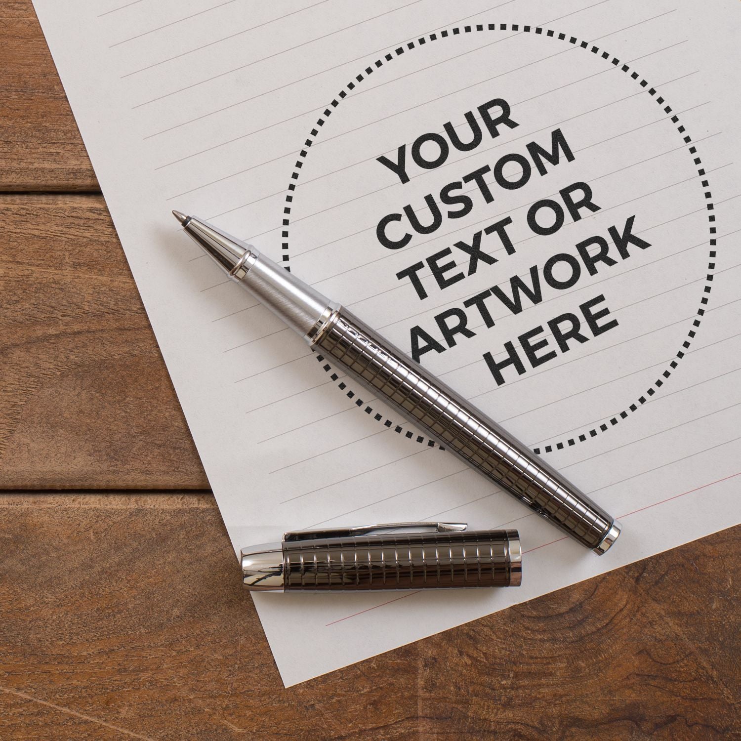 Mockup design card with Your custom text or text artwork here prompt, shown with silver pen for custom personalization