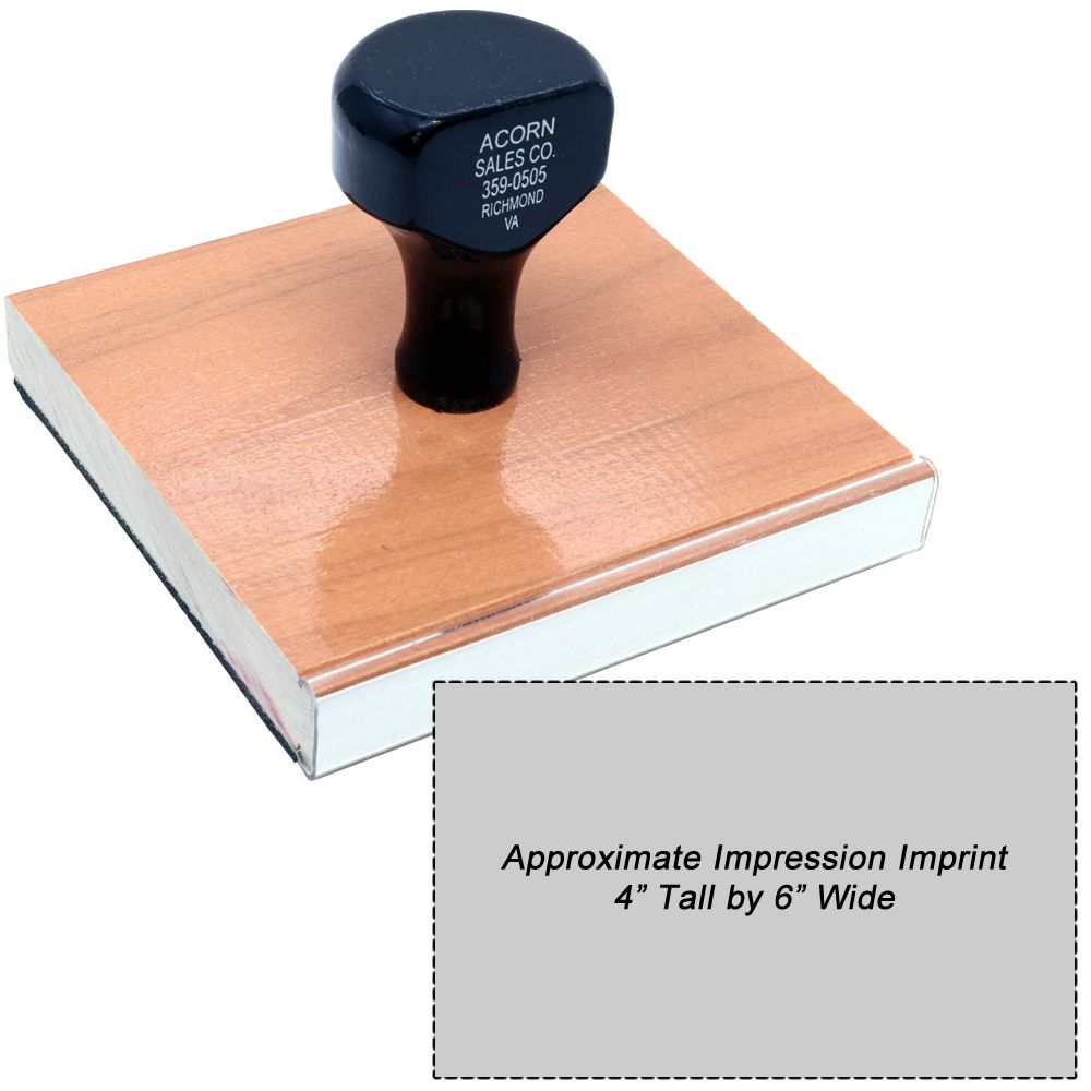 Acorn rubber stamp on wood base shows approximate ink impression imprint size 4" tall by 6" wide for custom labeling and product packaging.