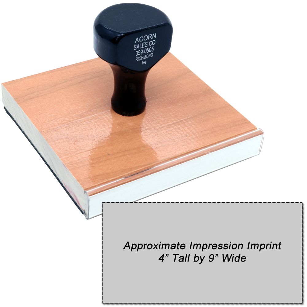 Acorn Sales Co wooden stamp for custom imprinting, with approximate impression size 4 in tall by 9 in wide.