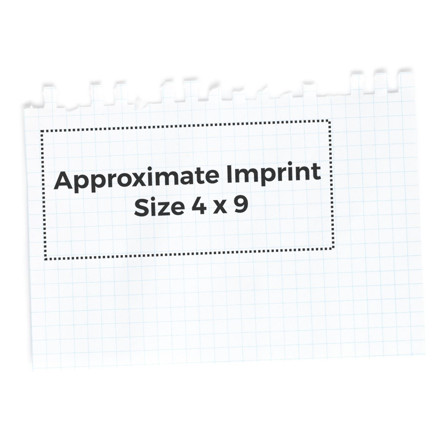 Approximate imprint size 4 x 9 inches for custom printing, shown on a label mockup with dotted border.