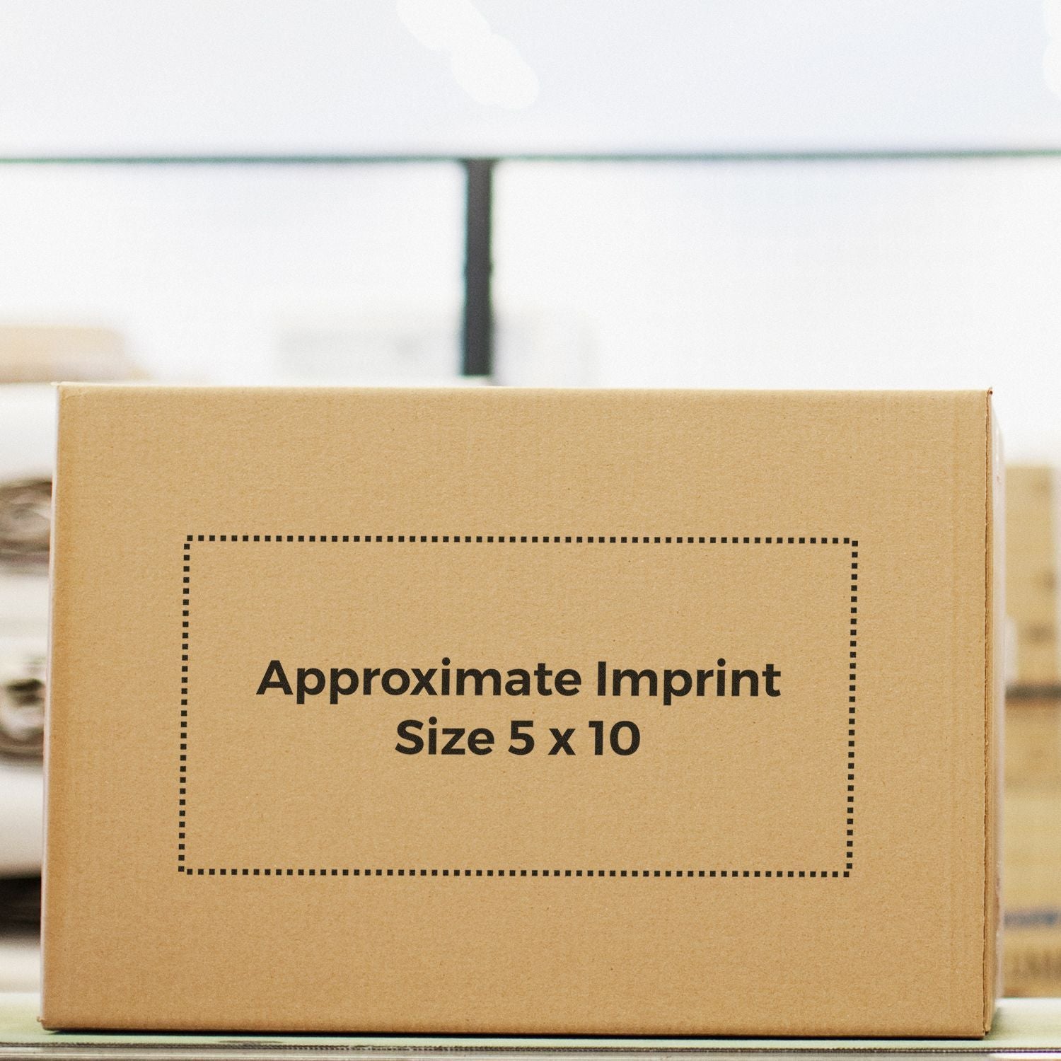 Cardboard shipping box showing approximate imprint size 5x10 for custom logo printing packaging label