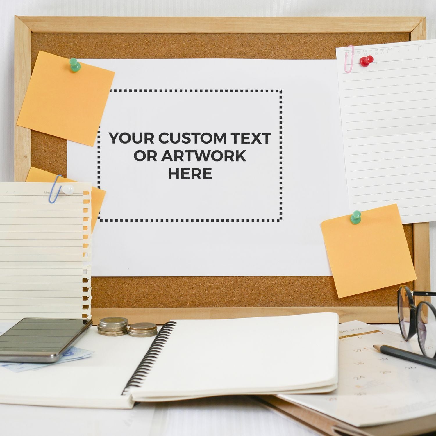 Custom text or artwork mockup on corkboard with sticky notes, calendar, and stationeryprint-ready design template for marketing.
