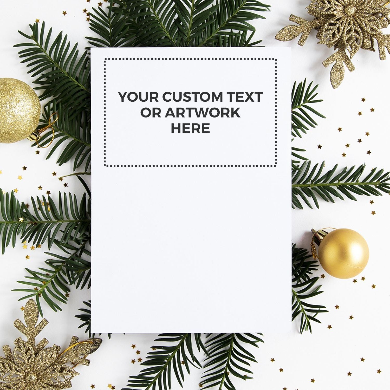 Holiday greeting card mockup with blank custom text area, tropical palm leaves, and gold ornaments on white background for festive design