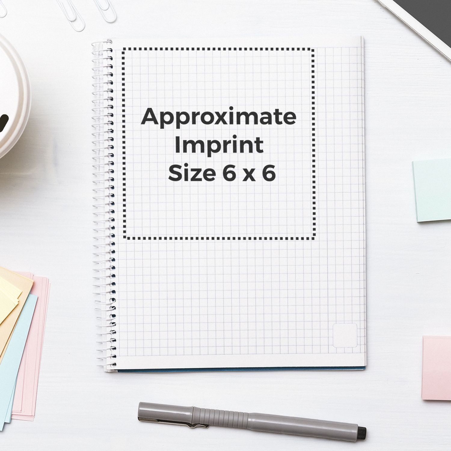 Notebook imprint template showing approximate imprint size 6 x 6 for custom branding and print placement guidance